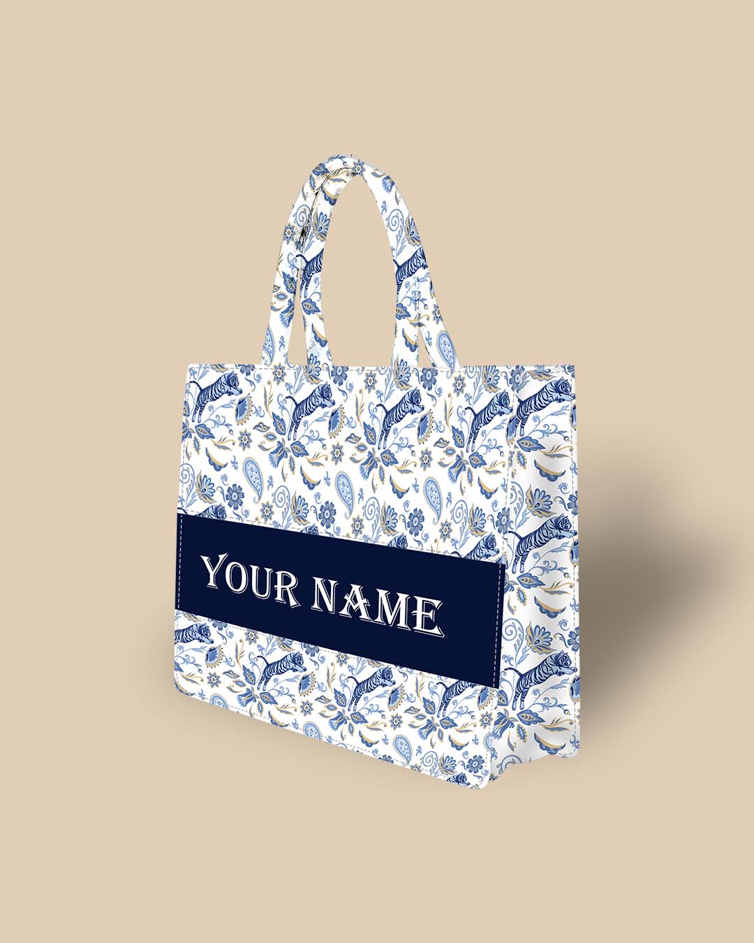 Customized Tote Bag Designed with blue Nordic tigers and abstract Asian flowers