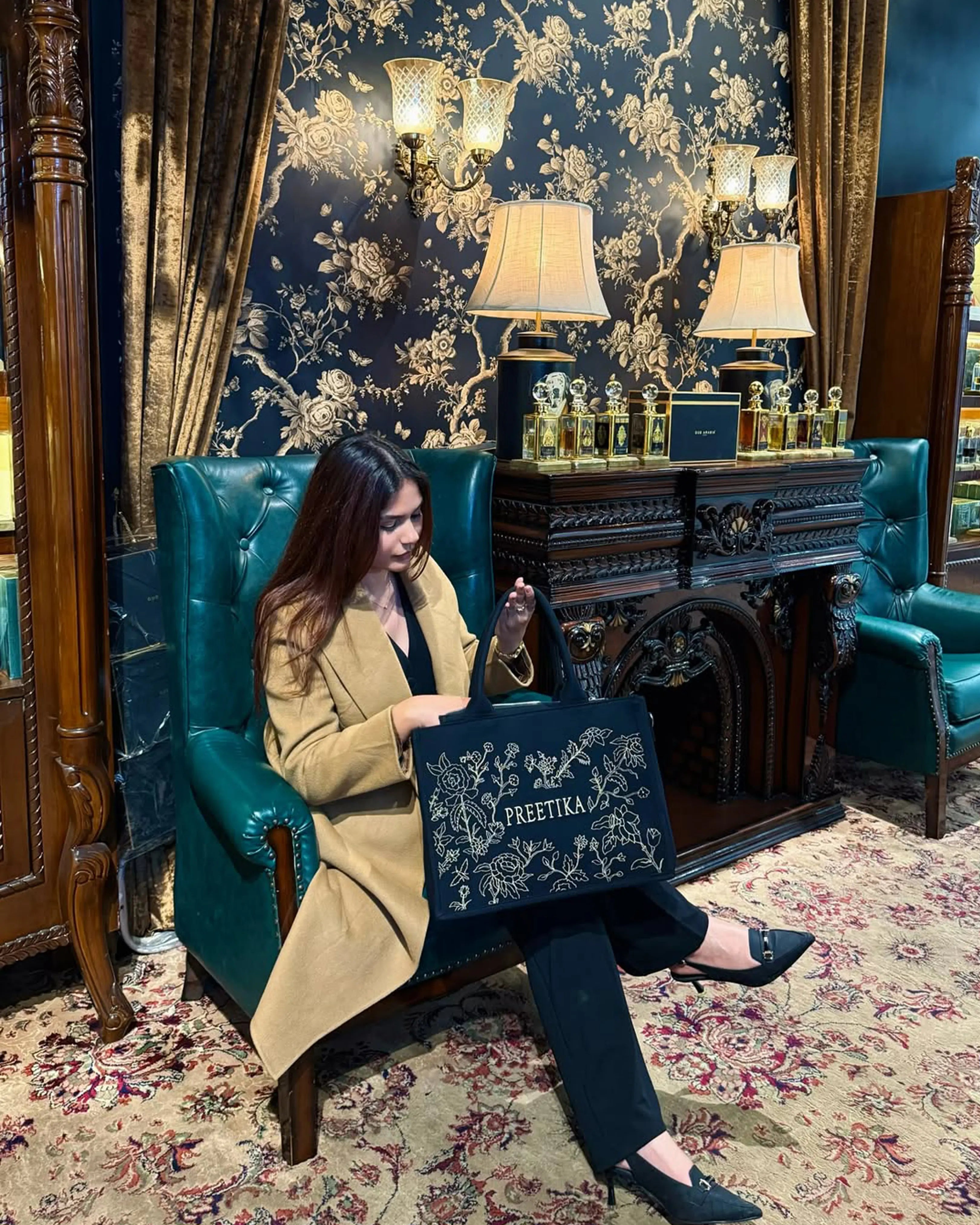 Golden Bloom Embroidered Denim Tote