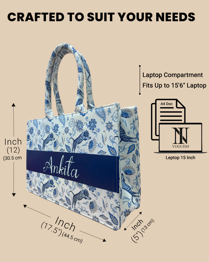 Customized Tote Bag Designed with blue Nordic tigers and abstract Asian flowers