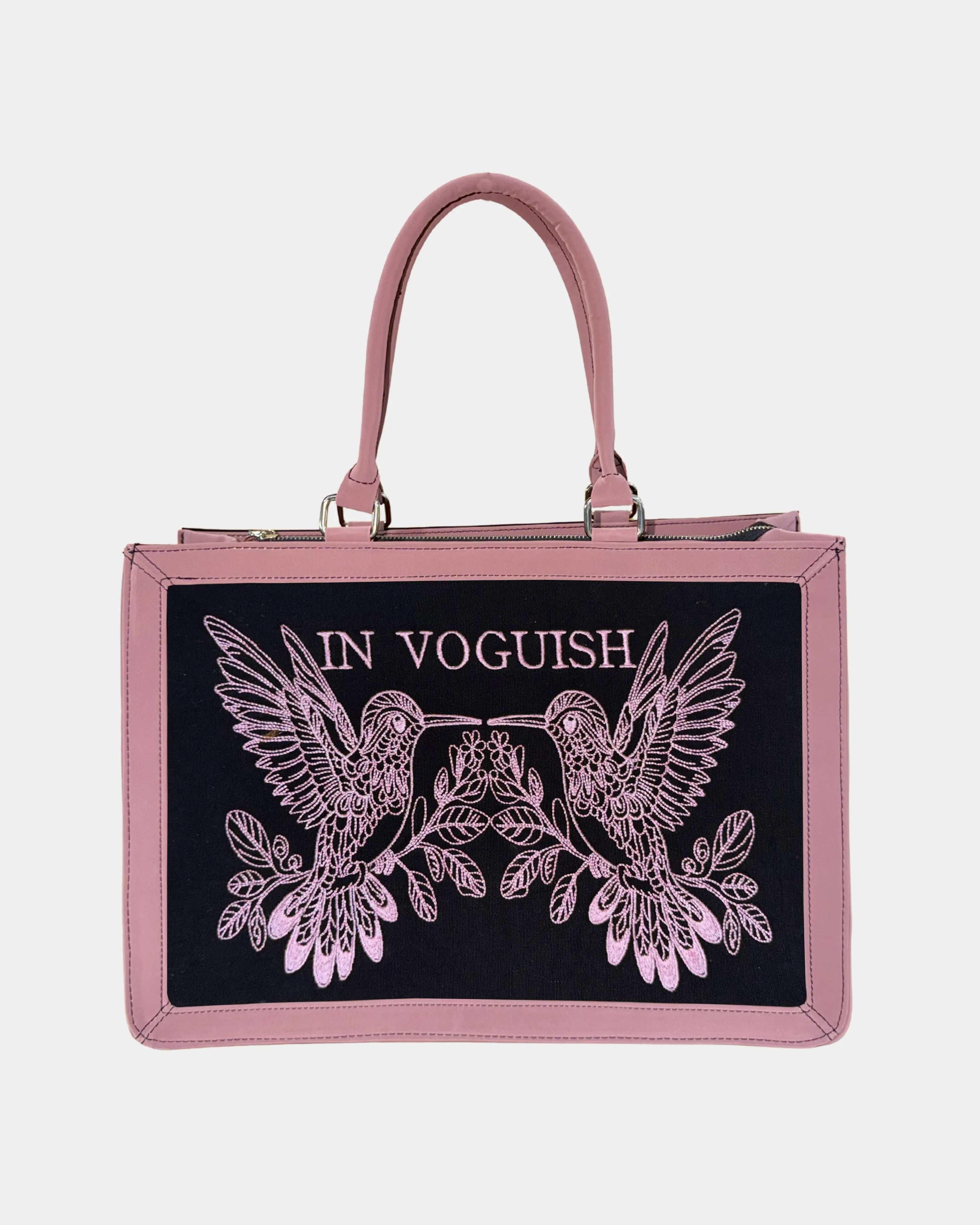 Luxury Pink & Black Hummingbird Customized Embroidered Tote Bag