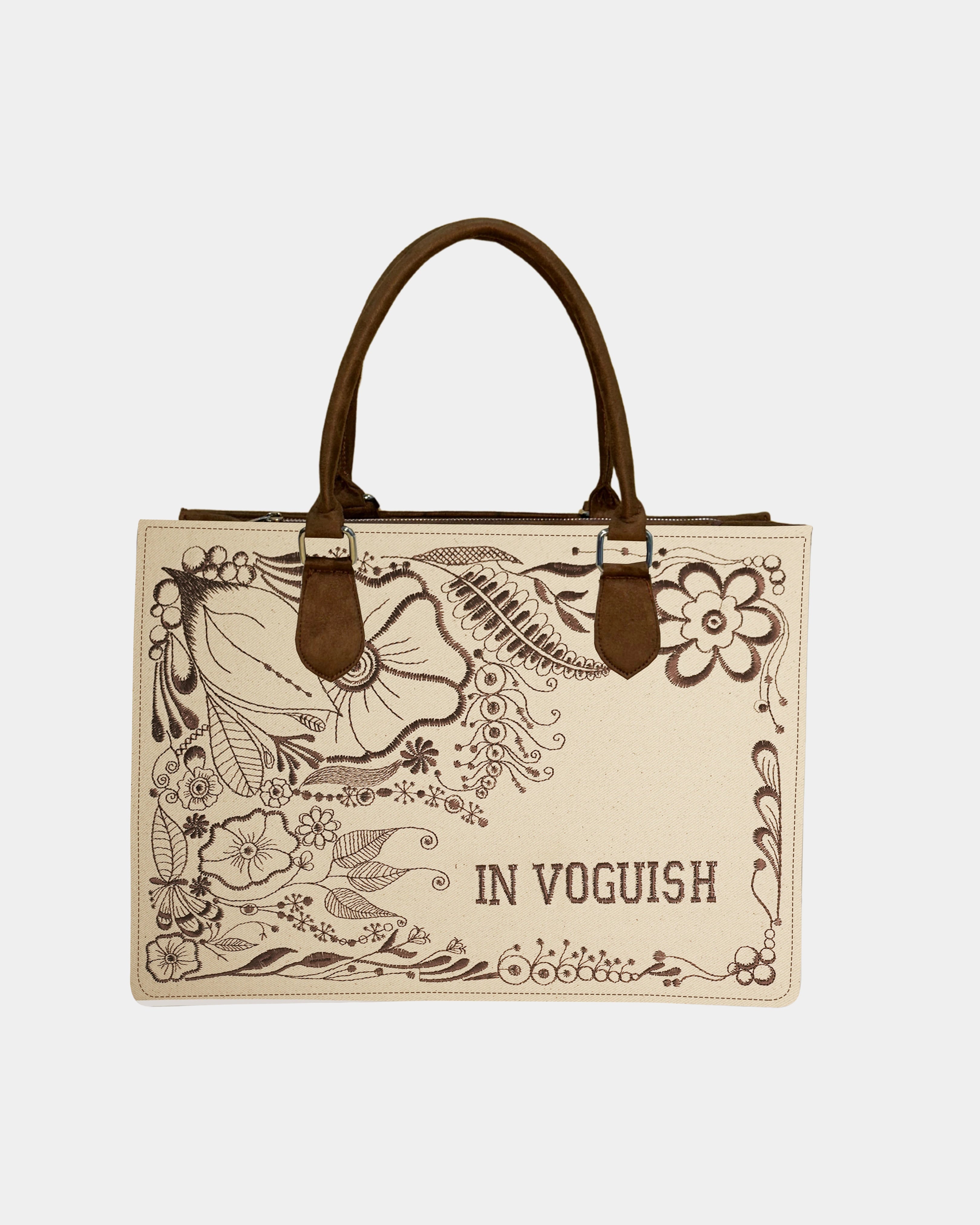 Customized Floral Canvas Embroidered Tote Bag – Brown Suede Edition