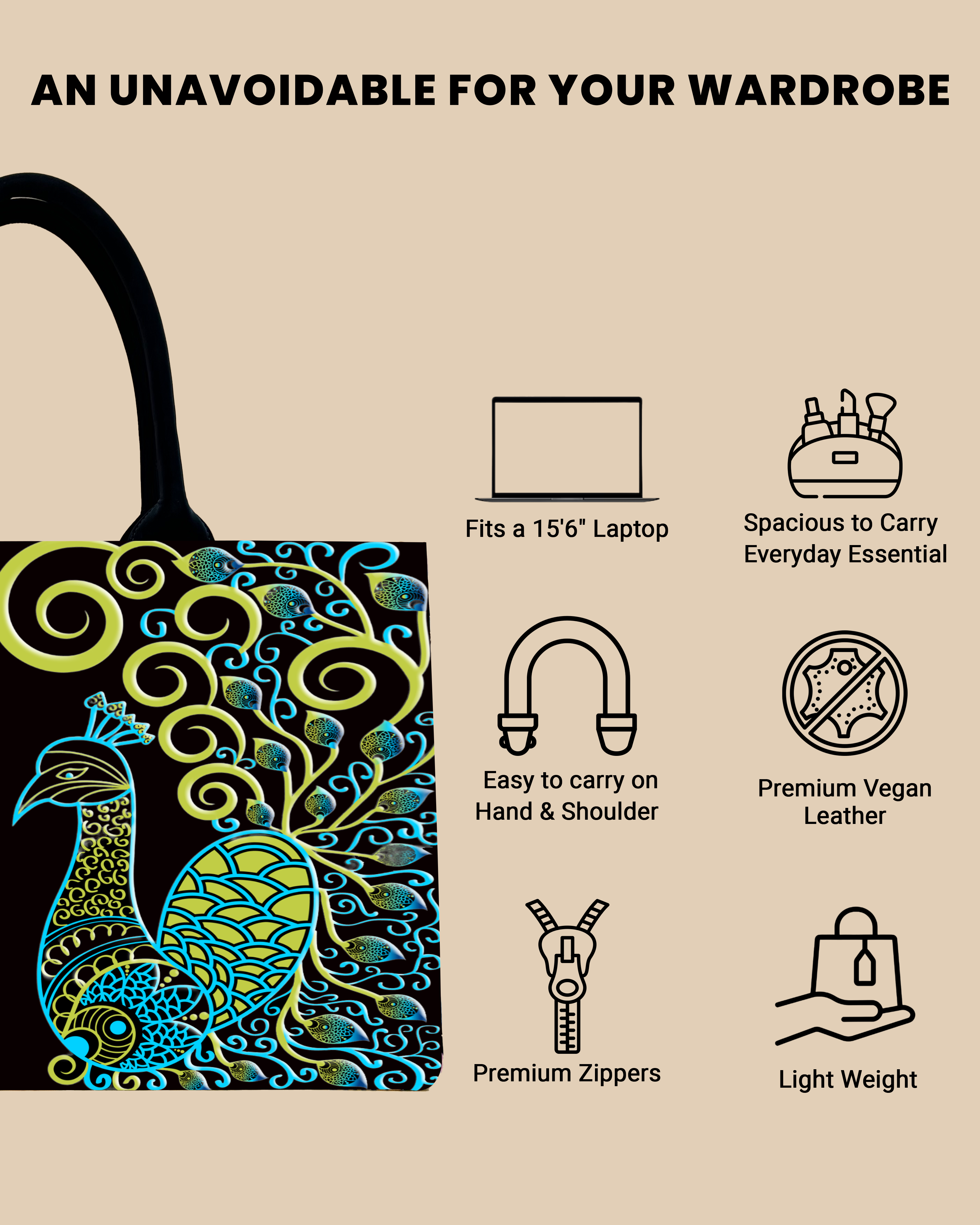 Customized Tote Bag Designed with Artistic mandala peacock