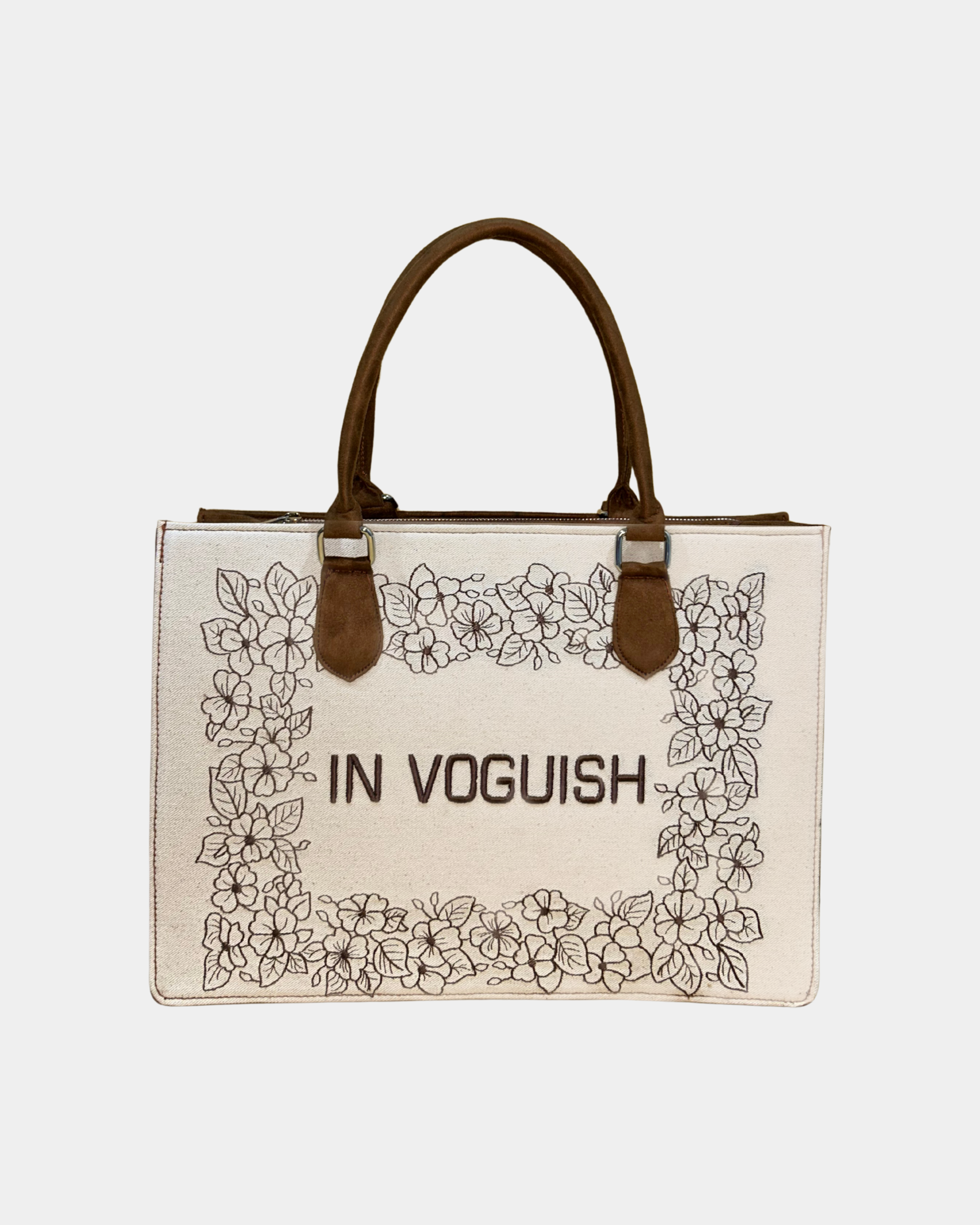 Customized Bloom Frame Embroidered Tote Bag – Brown Suede Edition