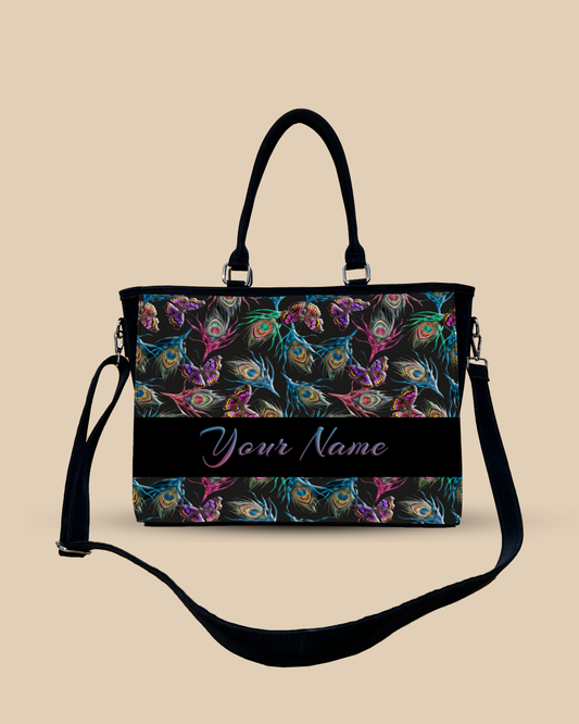 Colorful Peacock Feather And Flying Butterflies Pattern Oversized Tote