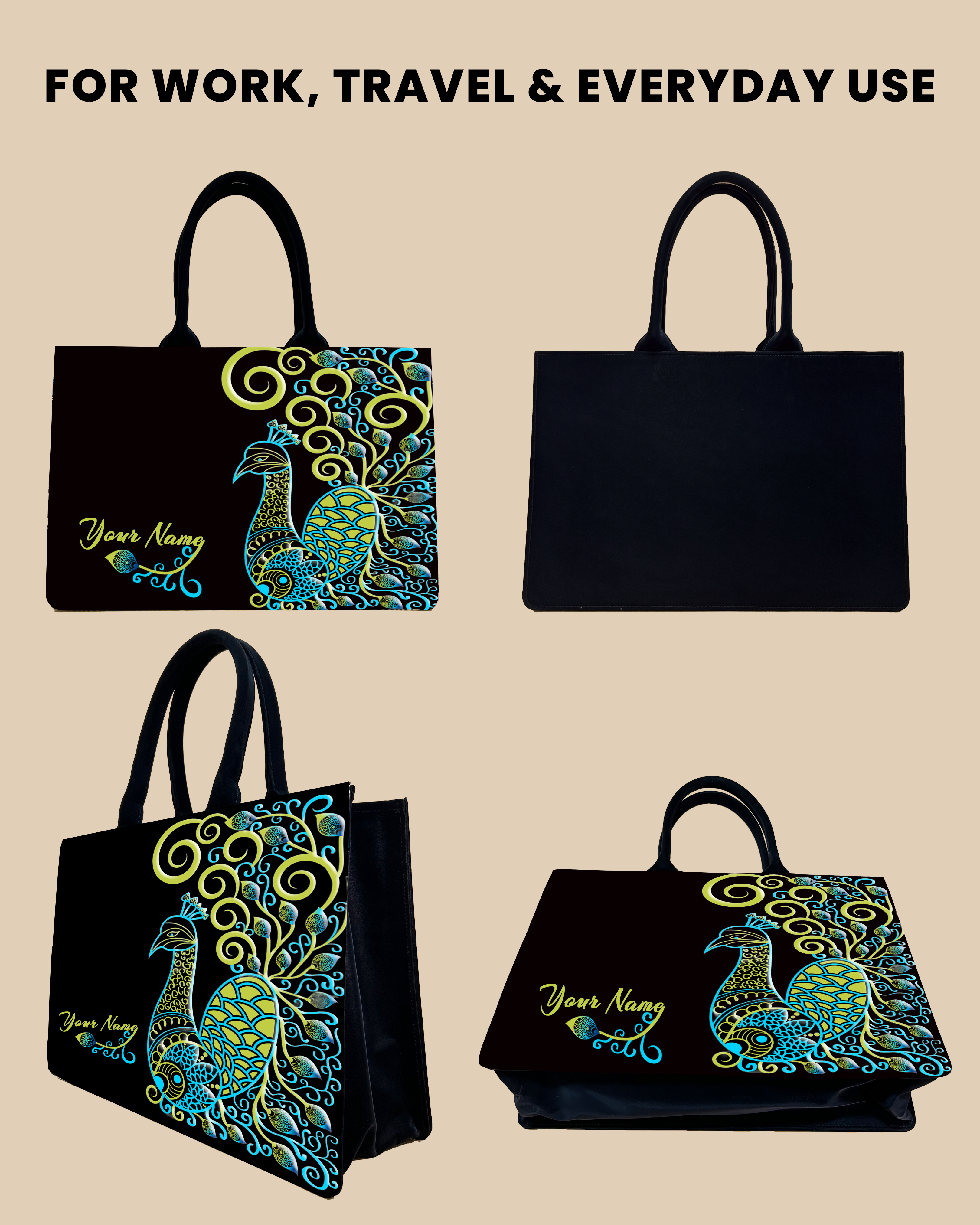 Customized Tote Bag Designed with Artistic mandala peacock