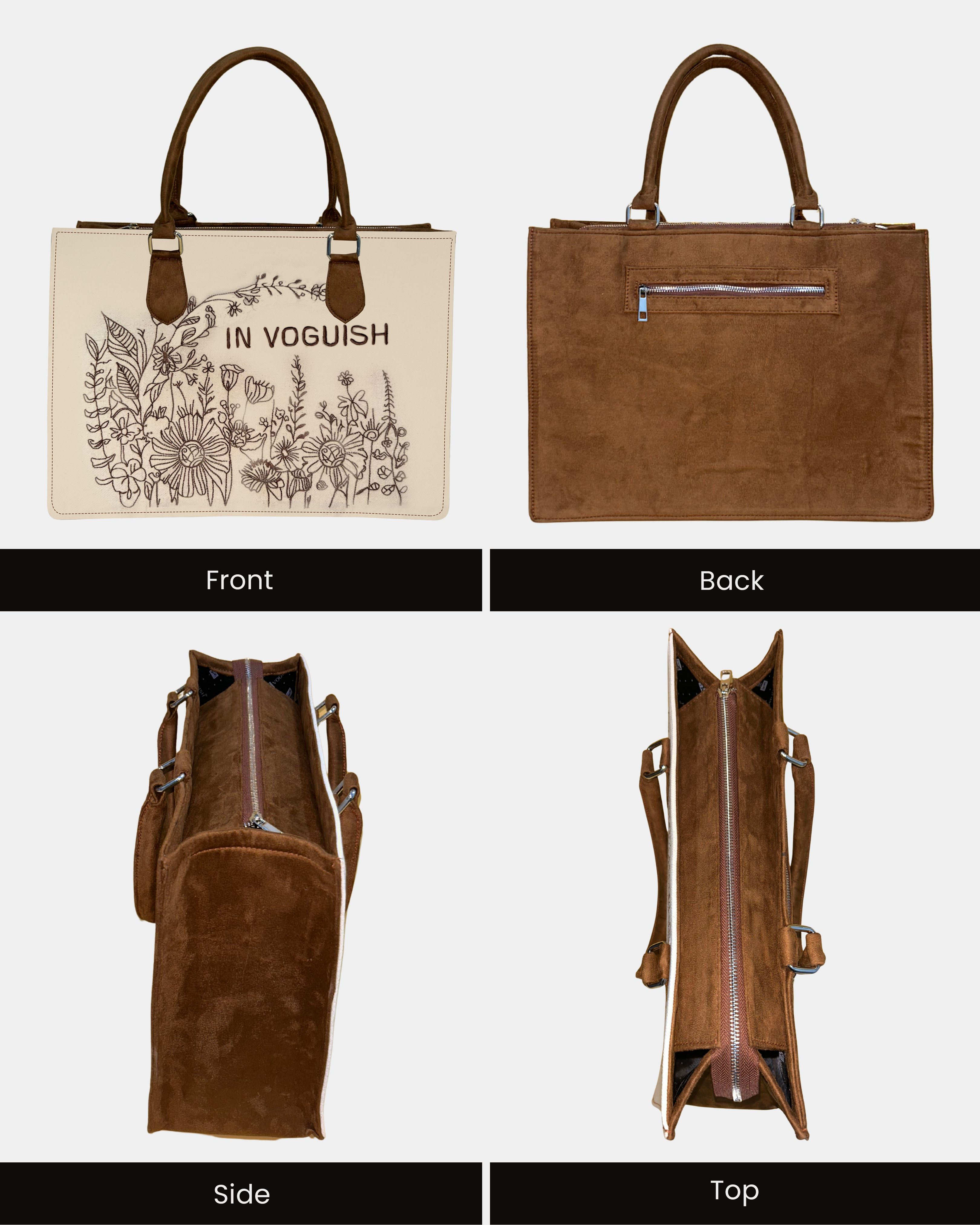 Customized Floral Art Canvas Tote Bag – Brown Suede Edition