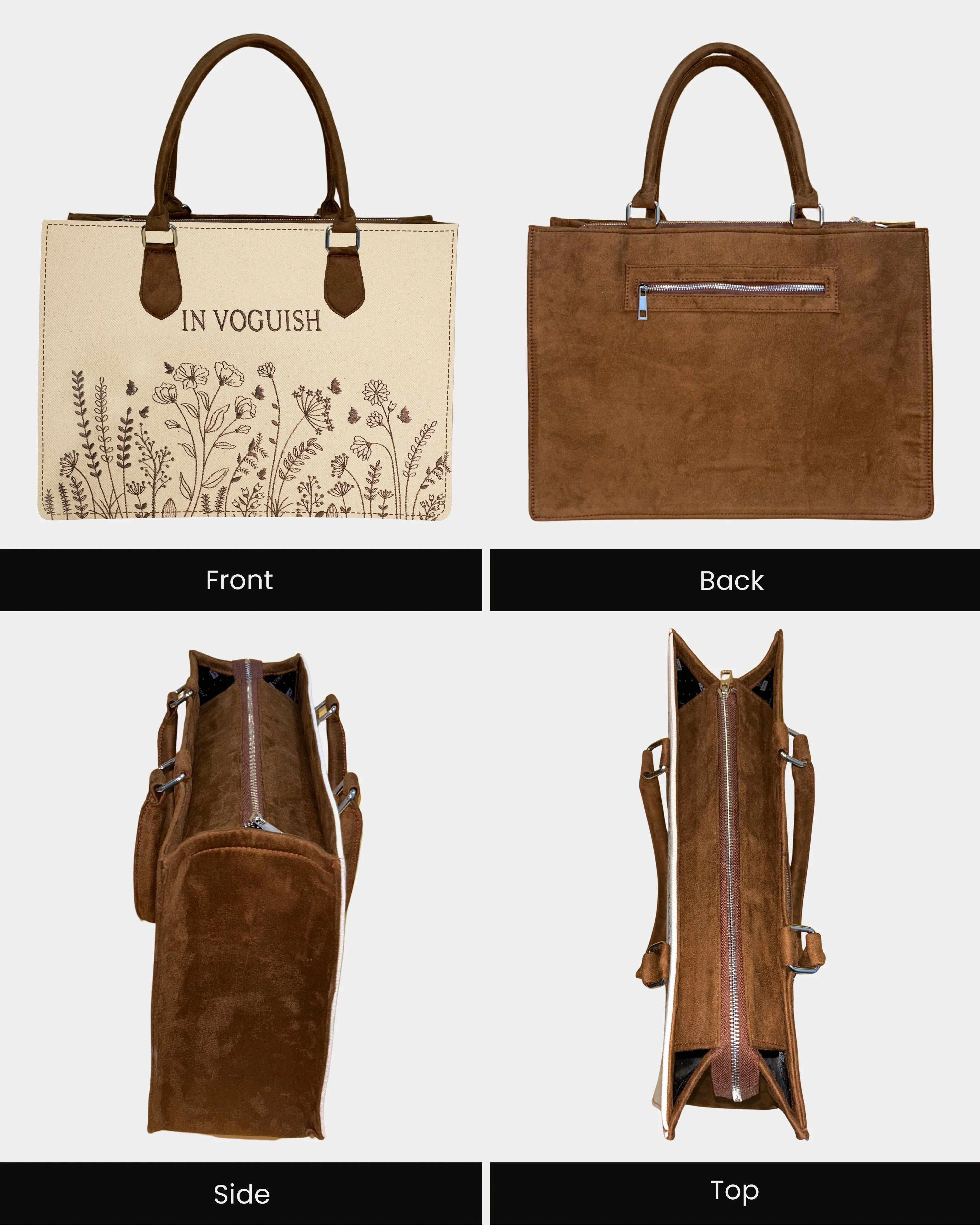 Customized Wild Meadow Embroidered Tote Bag – Brown Suede Edition