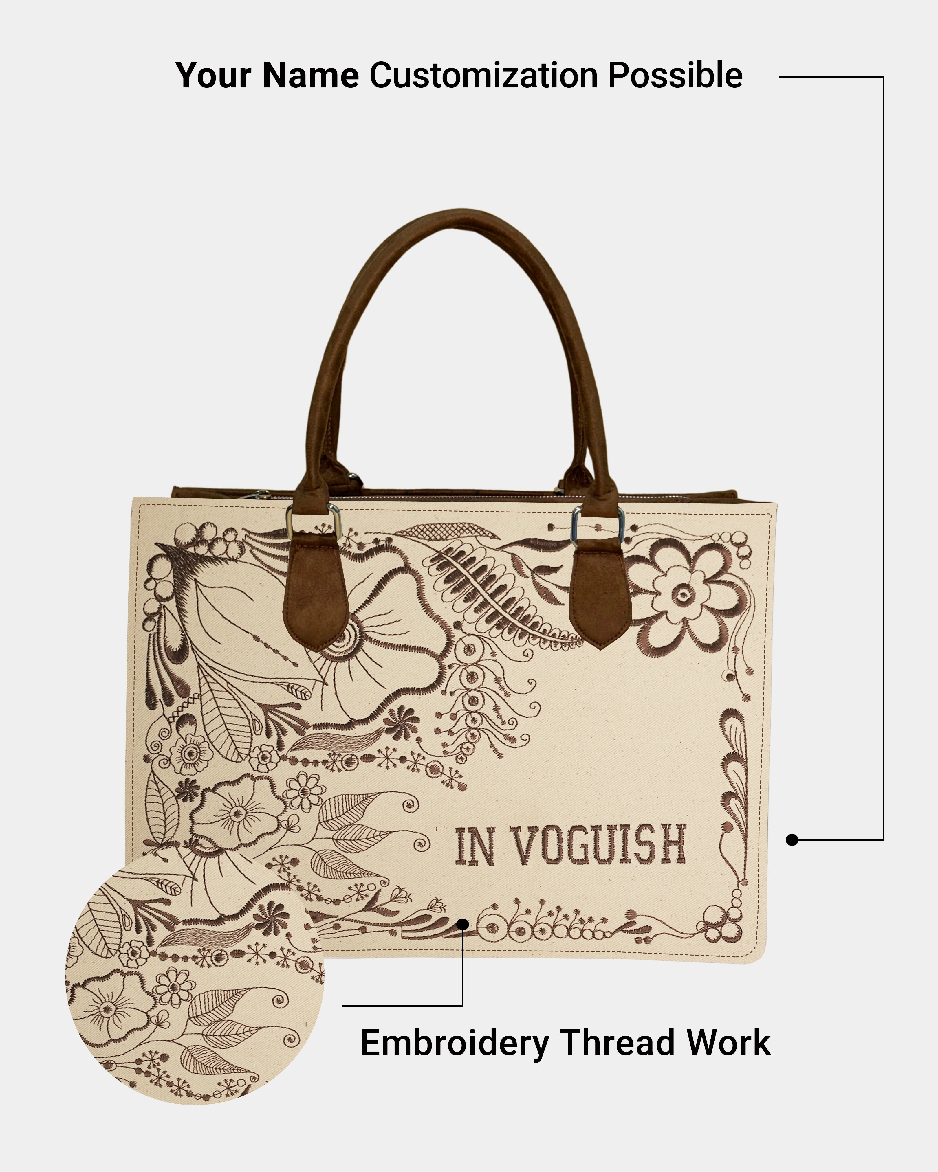Customized Floral Canvas Embroidered Tote Bag – Brown Suede Edition
