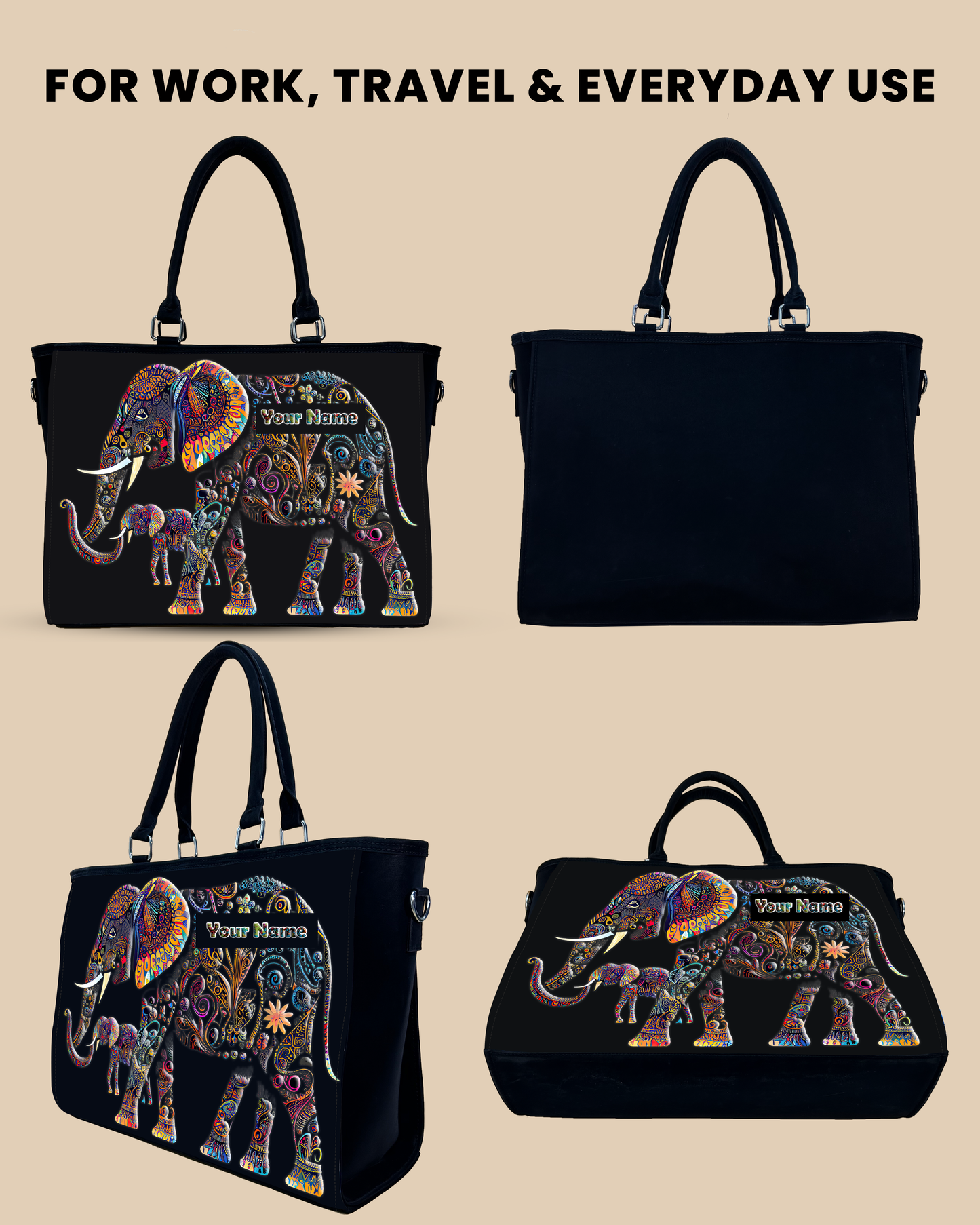 Baby And Mother Elephant Pattern Oversized Tote