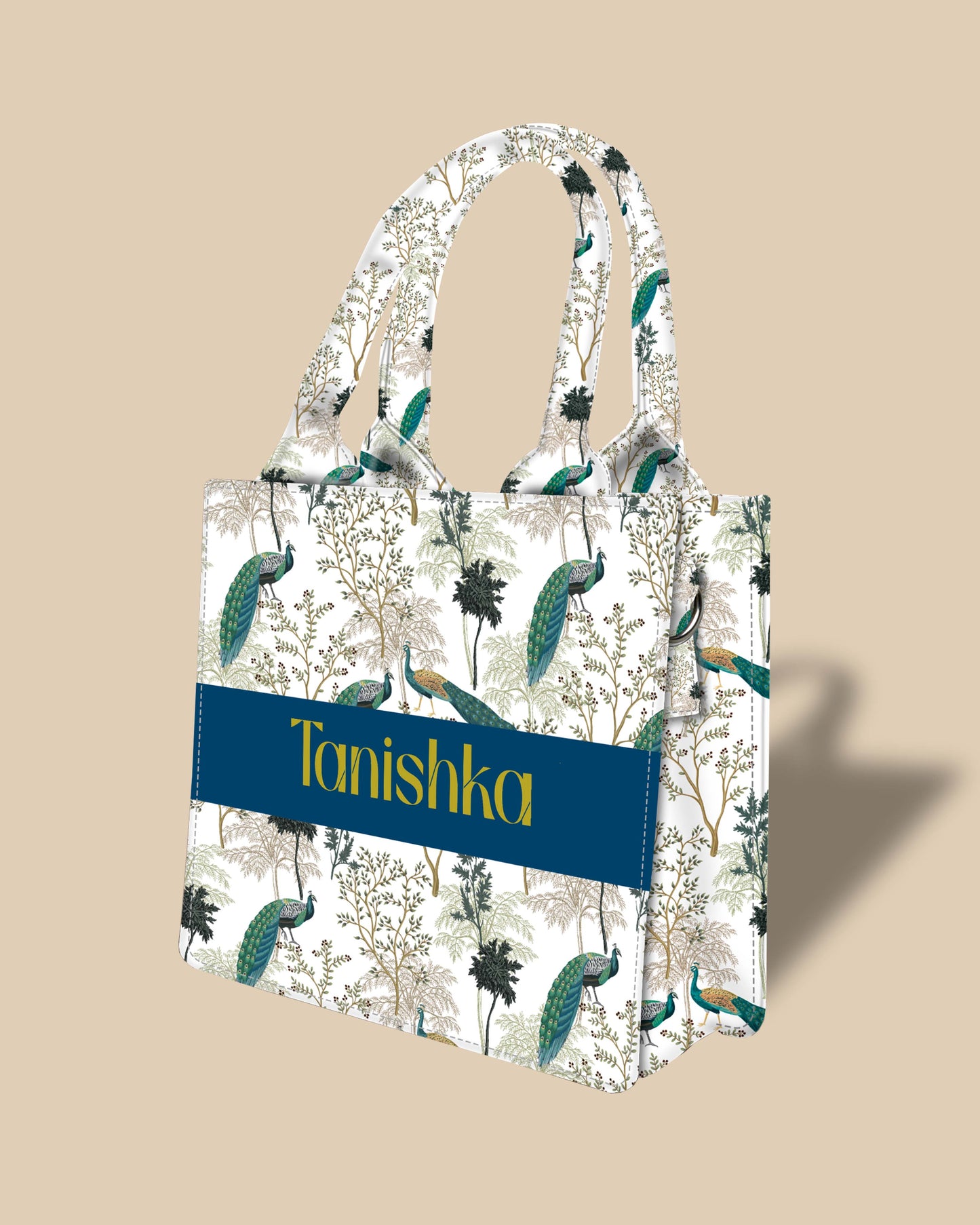 Customized Small Tote Bag Designed With Elegant Peacock And Summer Tree