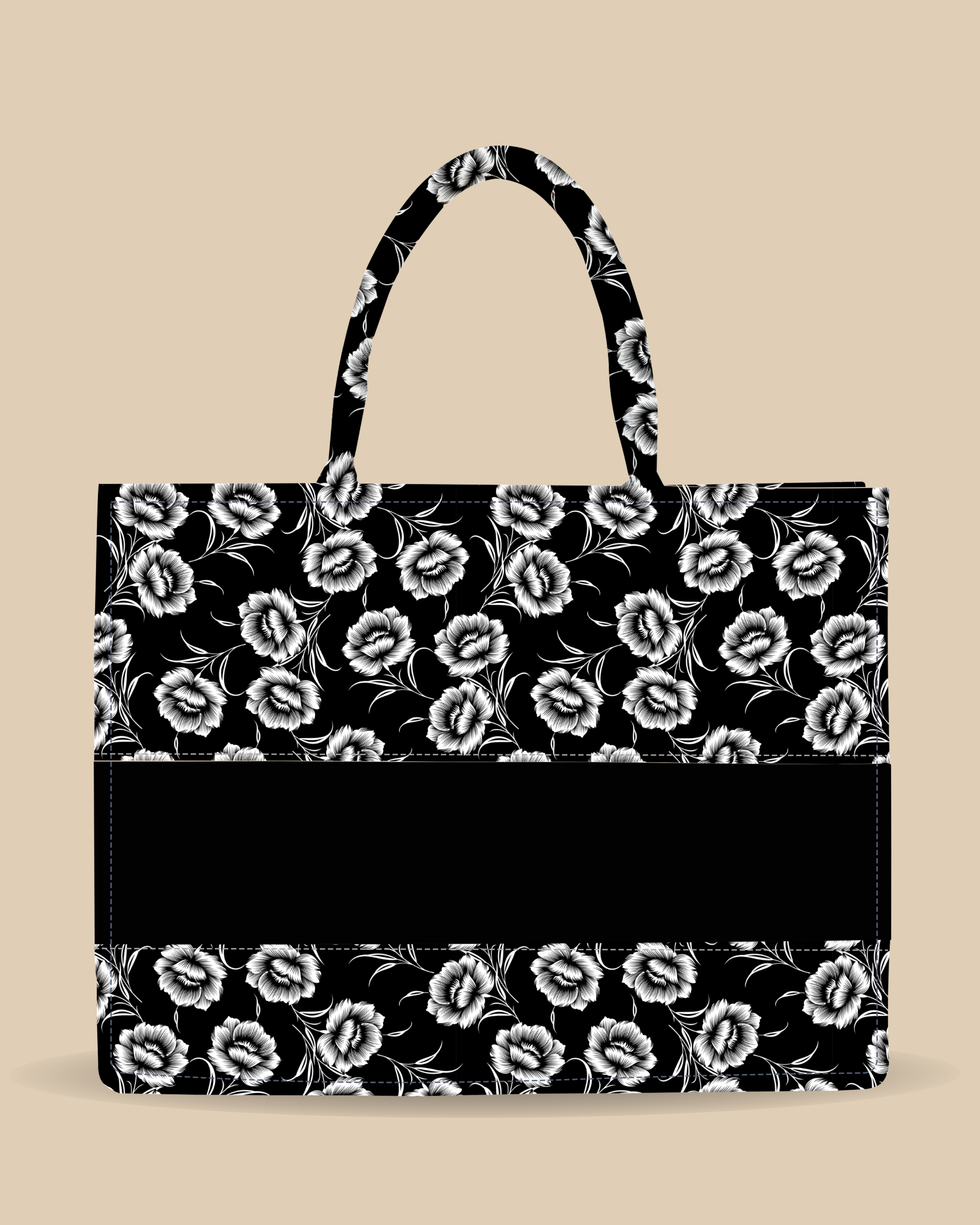Customized Tote Bag Designed With Black And White Flowers