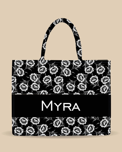 Customized Tote Bag  Designed With Black And White Flowers