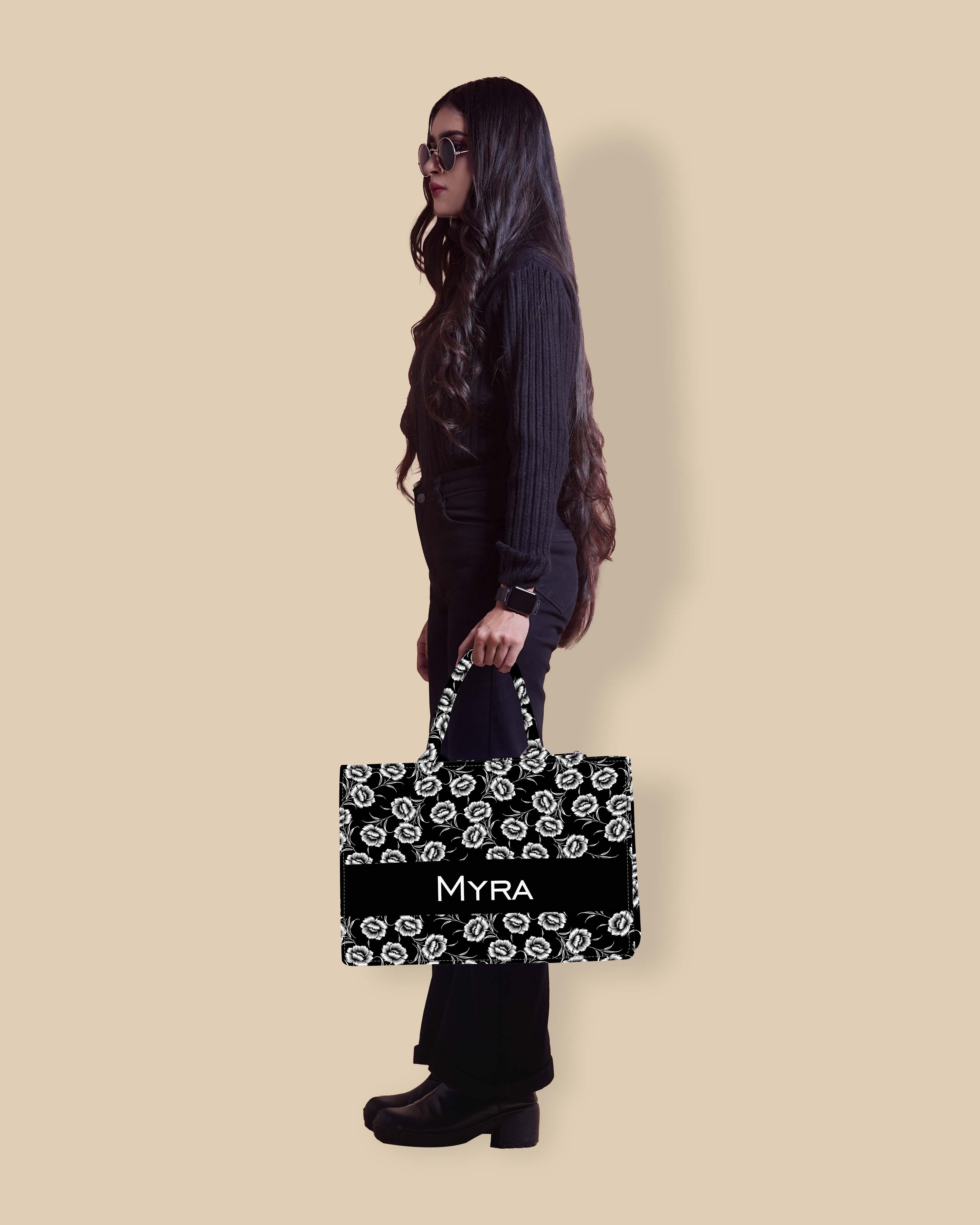 Customized Tote Bag Designed With Black And White Flowers