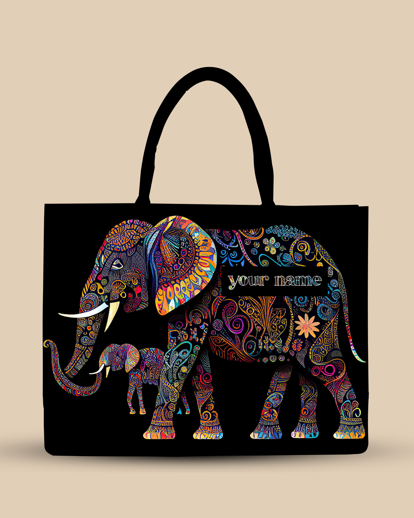 Customized Tote Bag  Designed with Baby And Mother Elephant Pattern