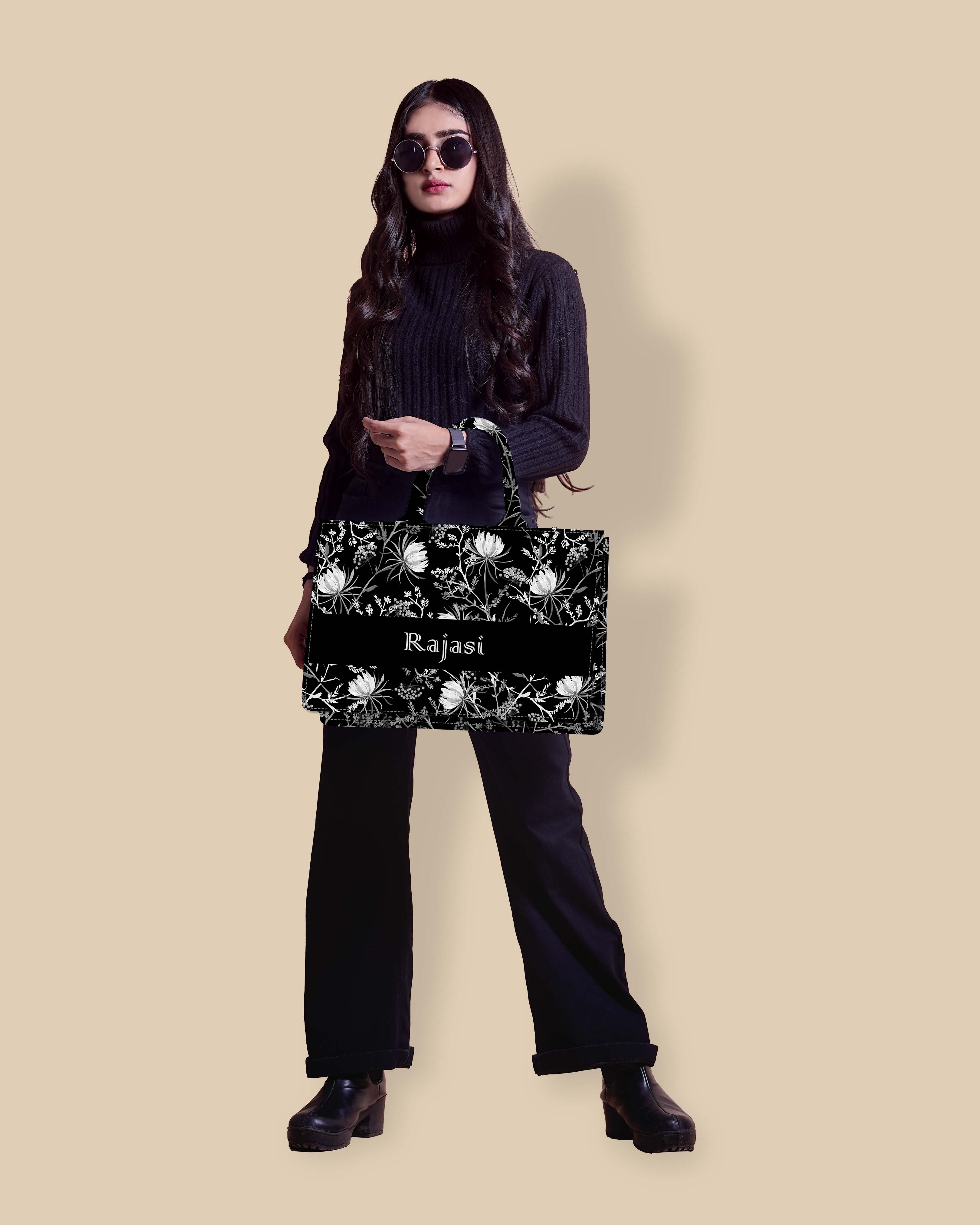 Customized Tote Bag Designed with Black And White Oriental Blooming Flowers