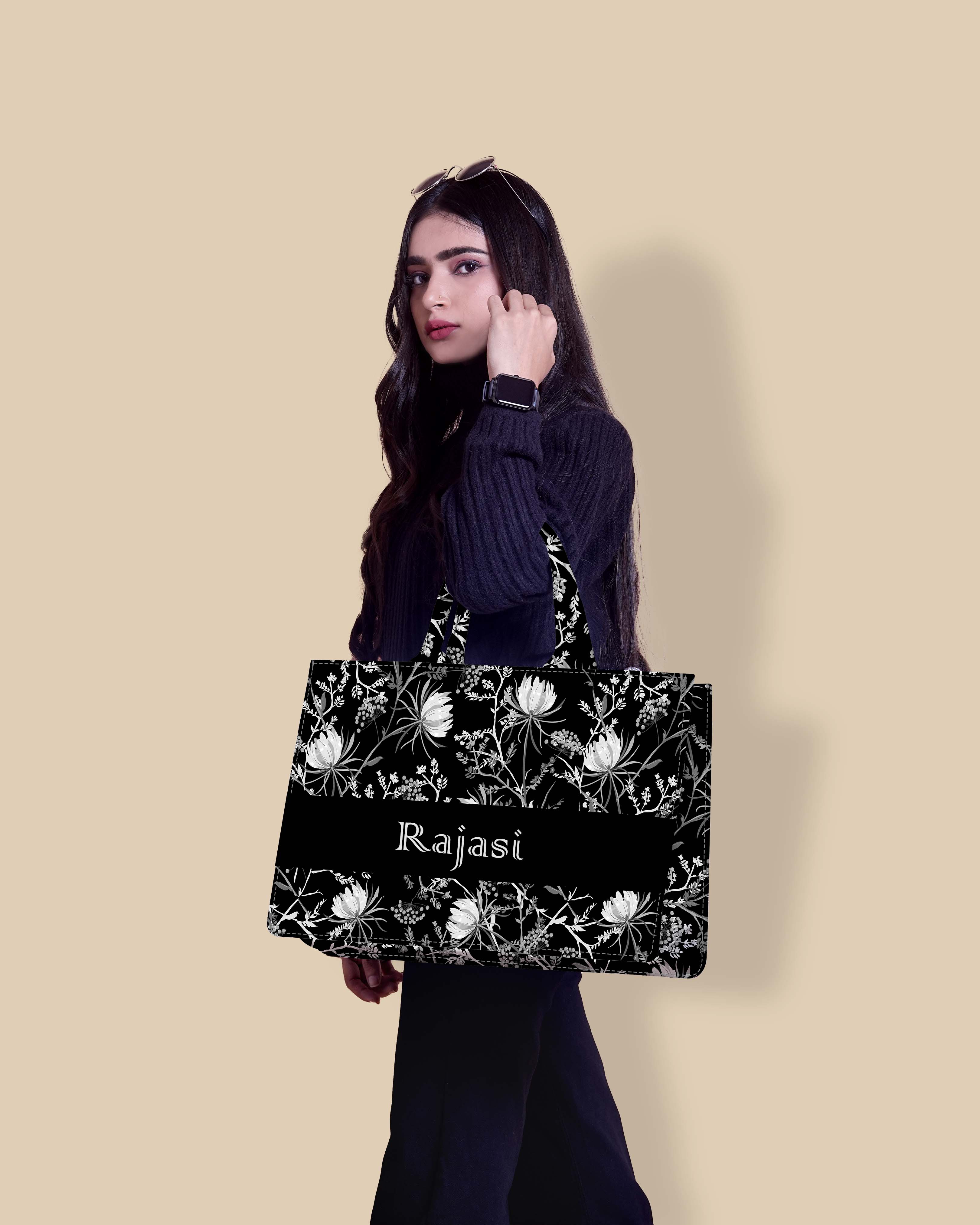 Customized Tote Bag Designed with Black And White Oriental Blooming Flowers