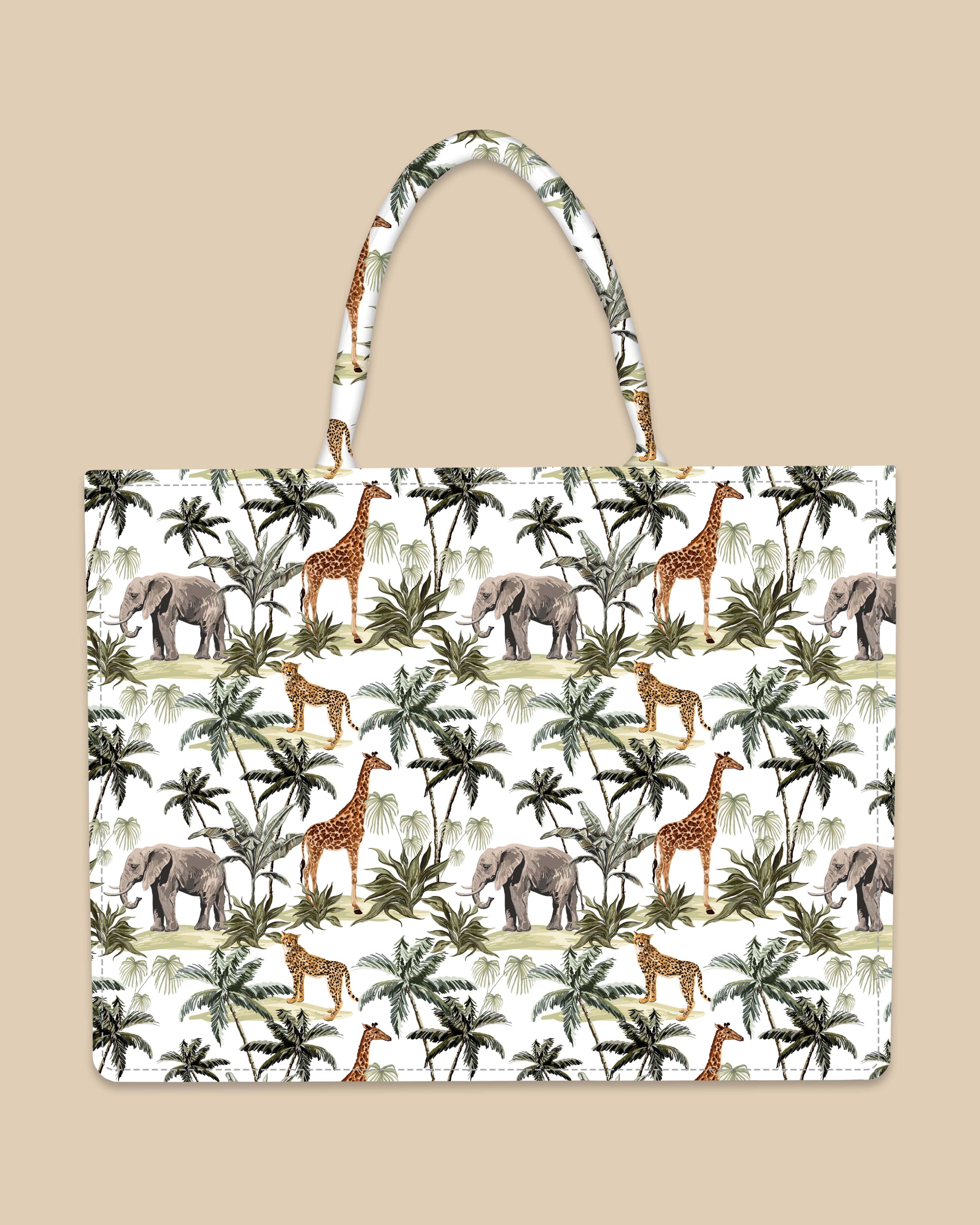 Customized Tote Bag Designed with Palm Trees, Leopard, Giraffe And Elephant