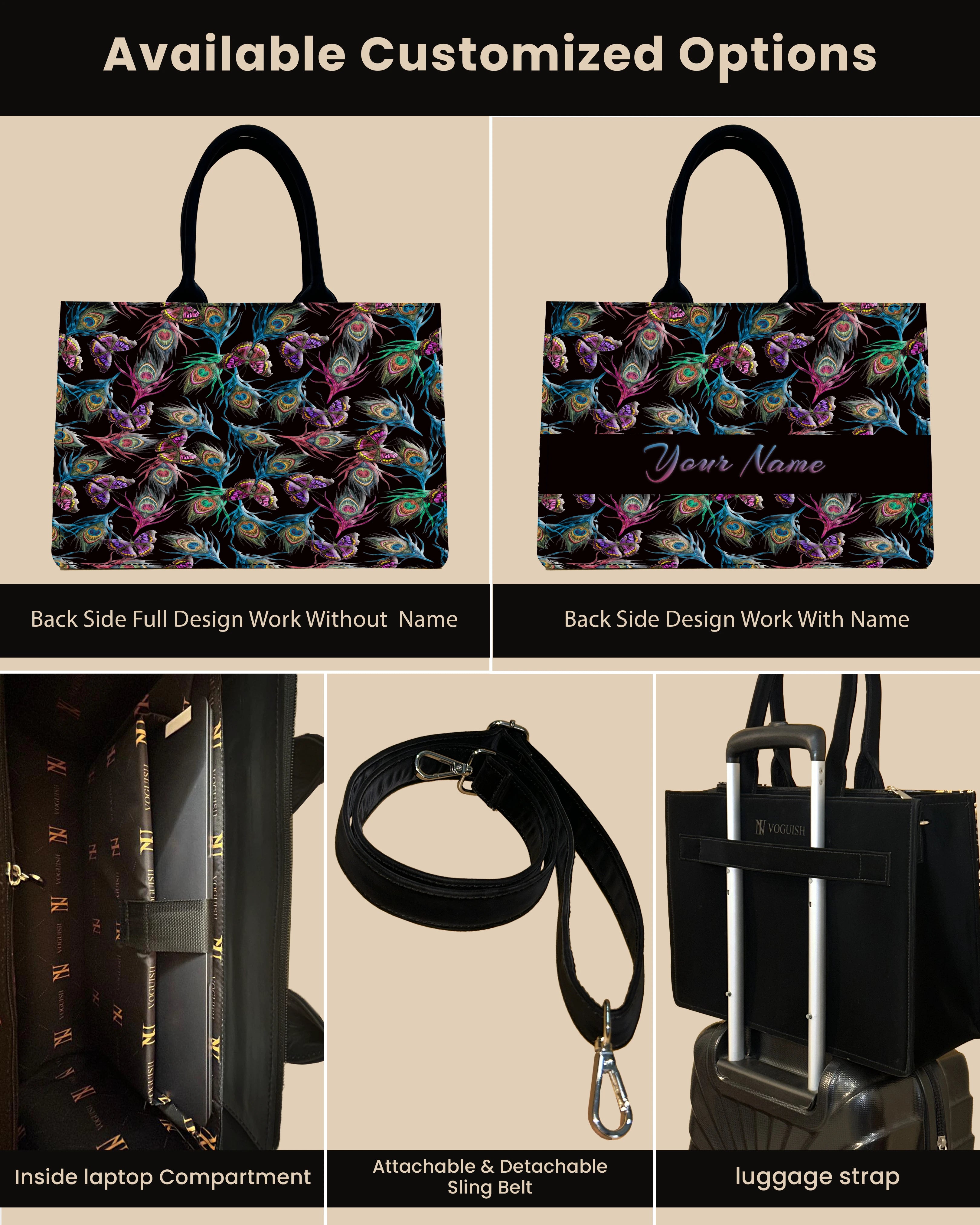 Customized small Tote Bag Designed With Colourful Peacock Feather And Flying Butterflies Pattern