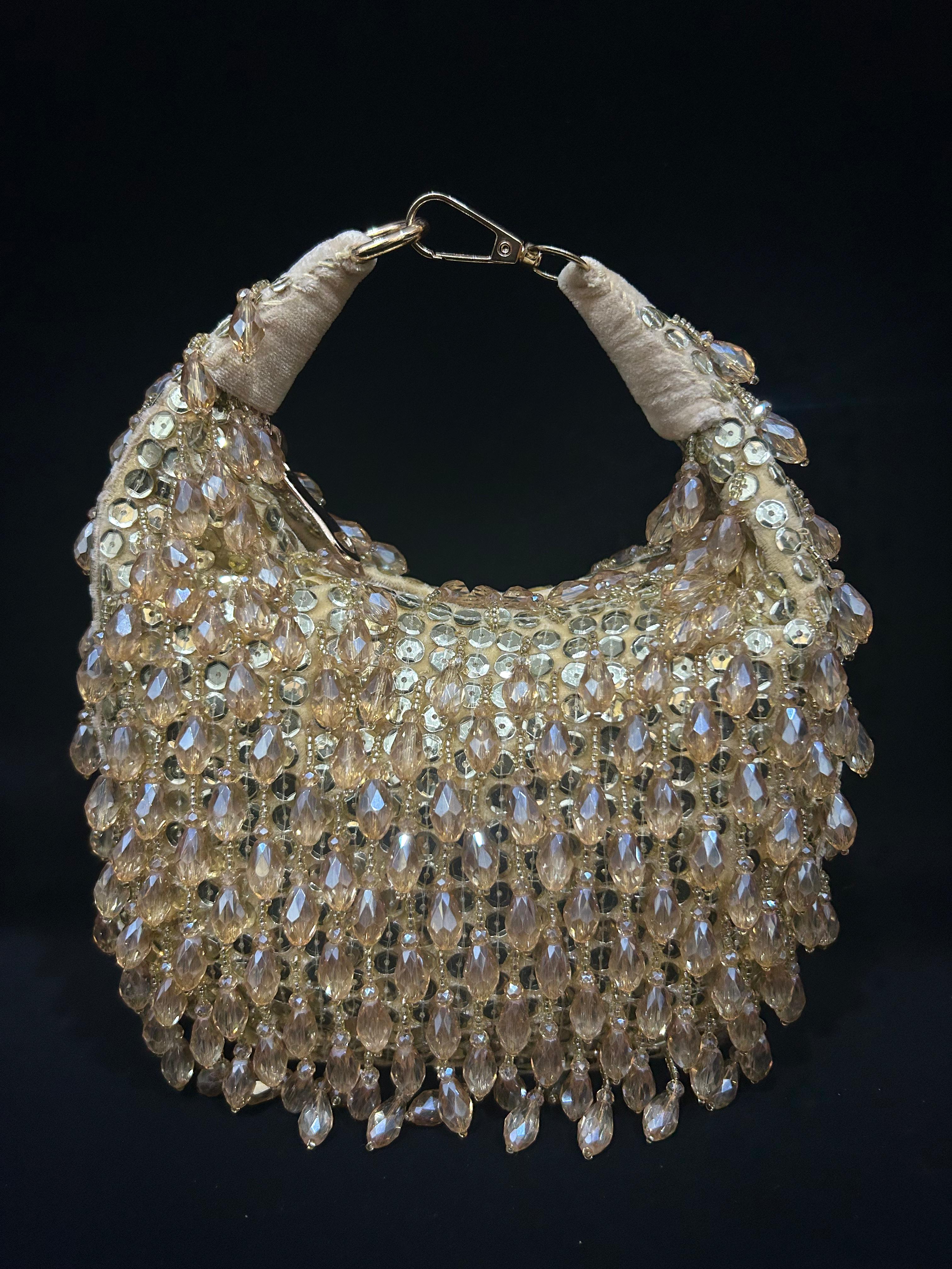 Champagne Glow Crystal Beaded Hobo Clutch