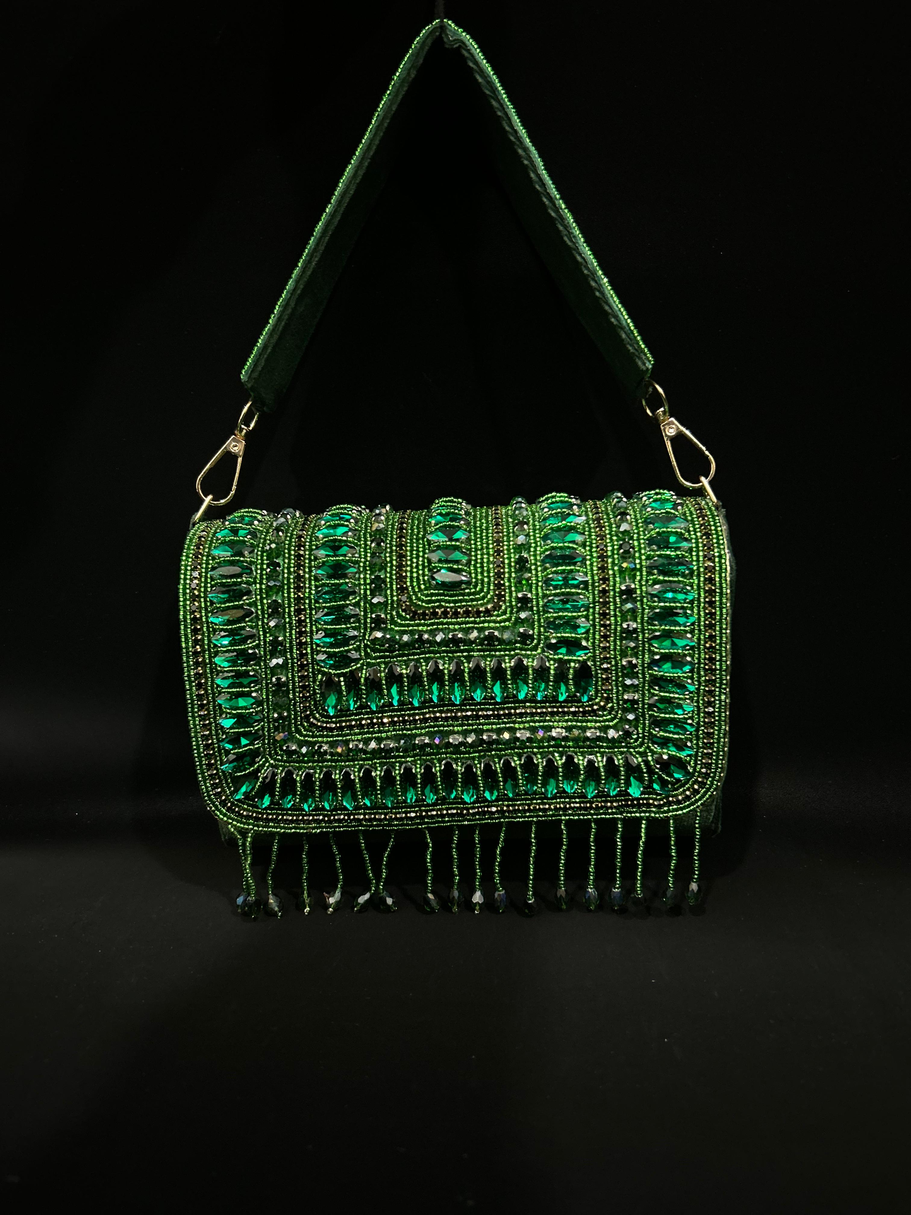 Emerald Envy Luxe Embellished Fringe Clutch