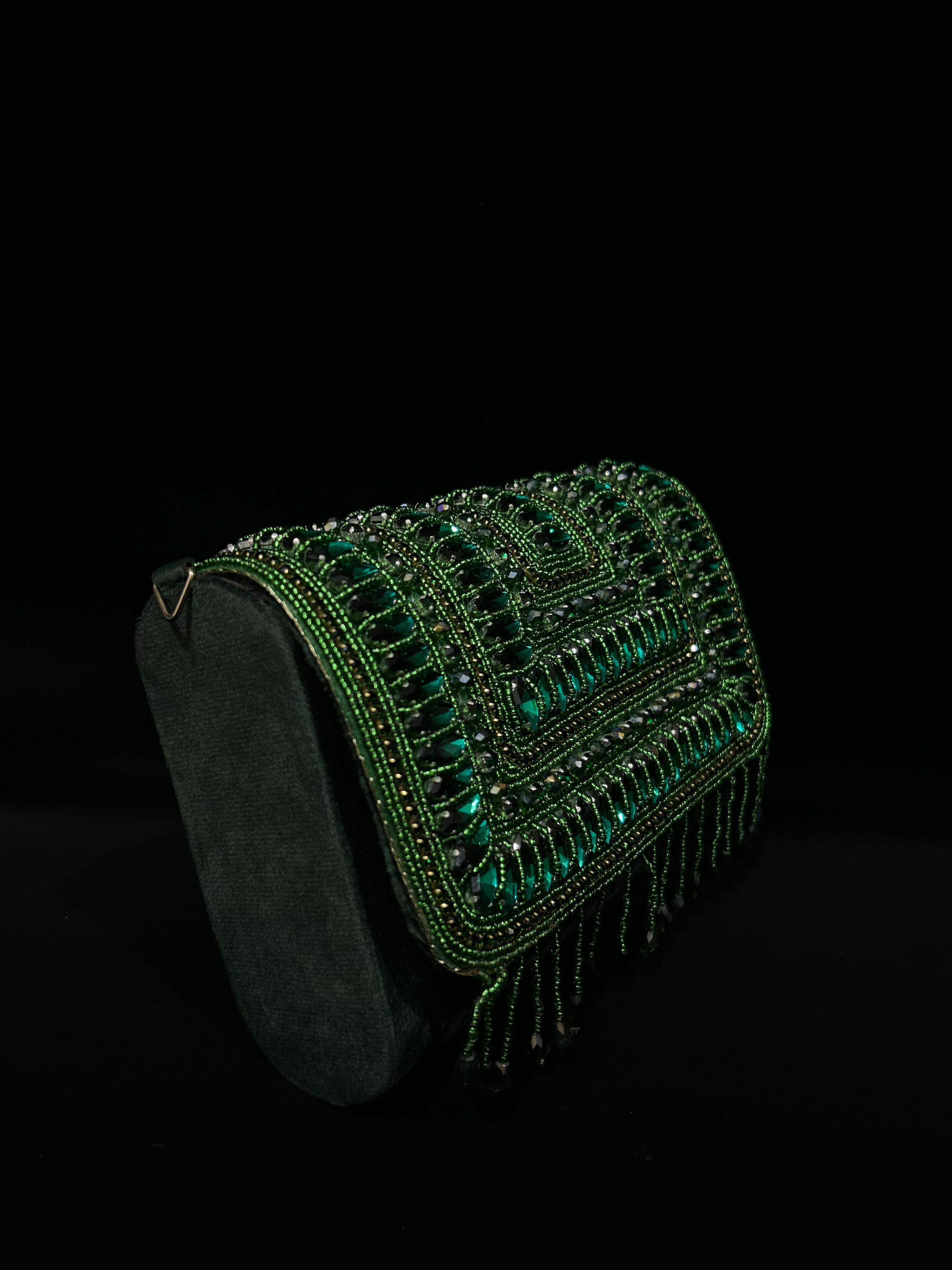 Emerald Envy Luxe Embellished Fringe Clutch