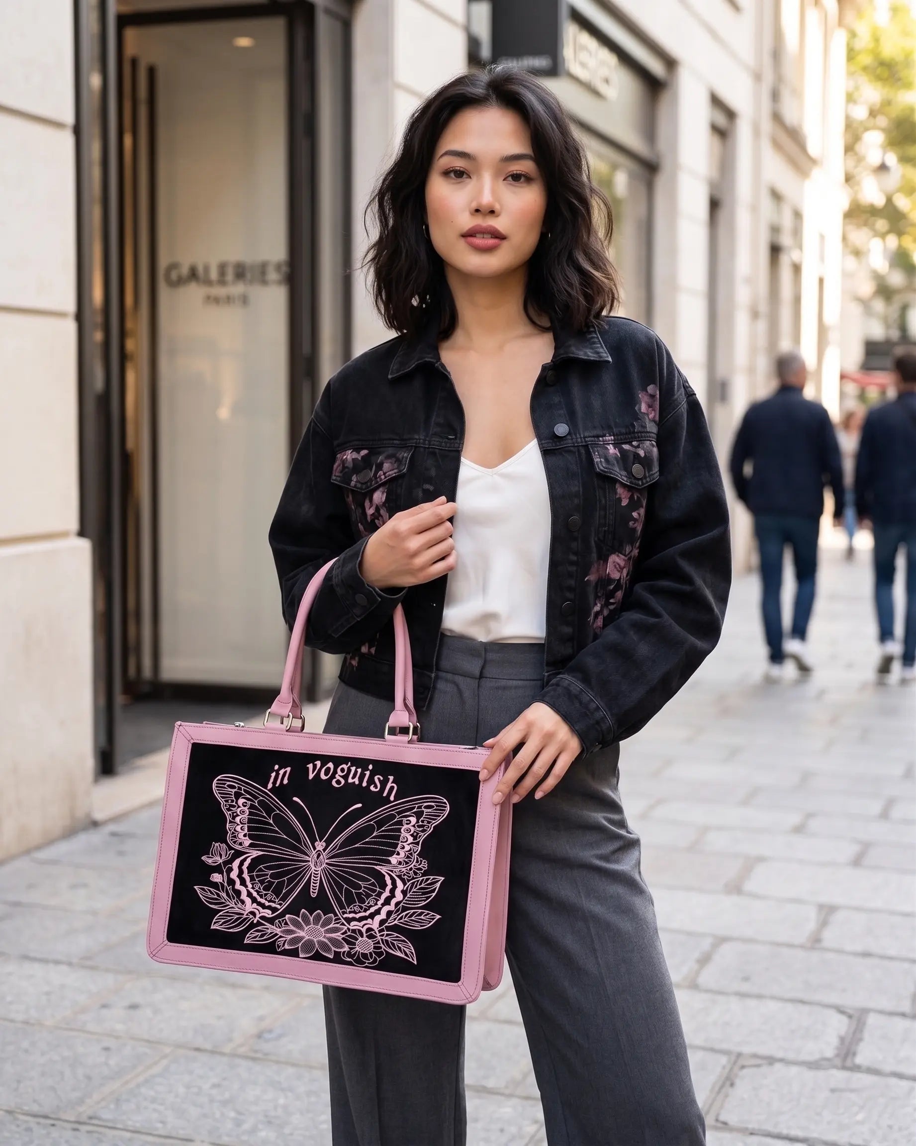Luxury Pink & Black Butterfly Blush Customized Embroidered Tote Bag