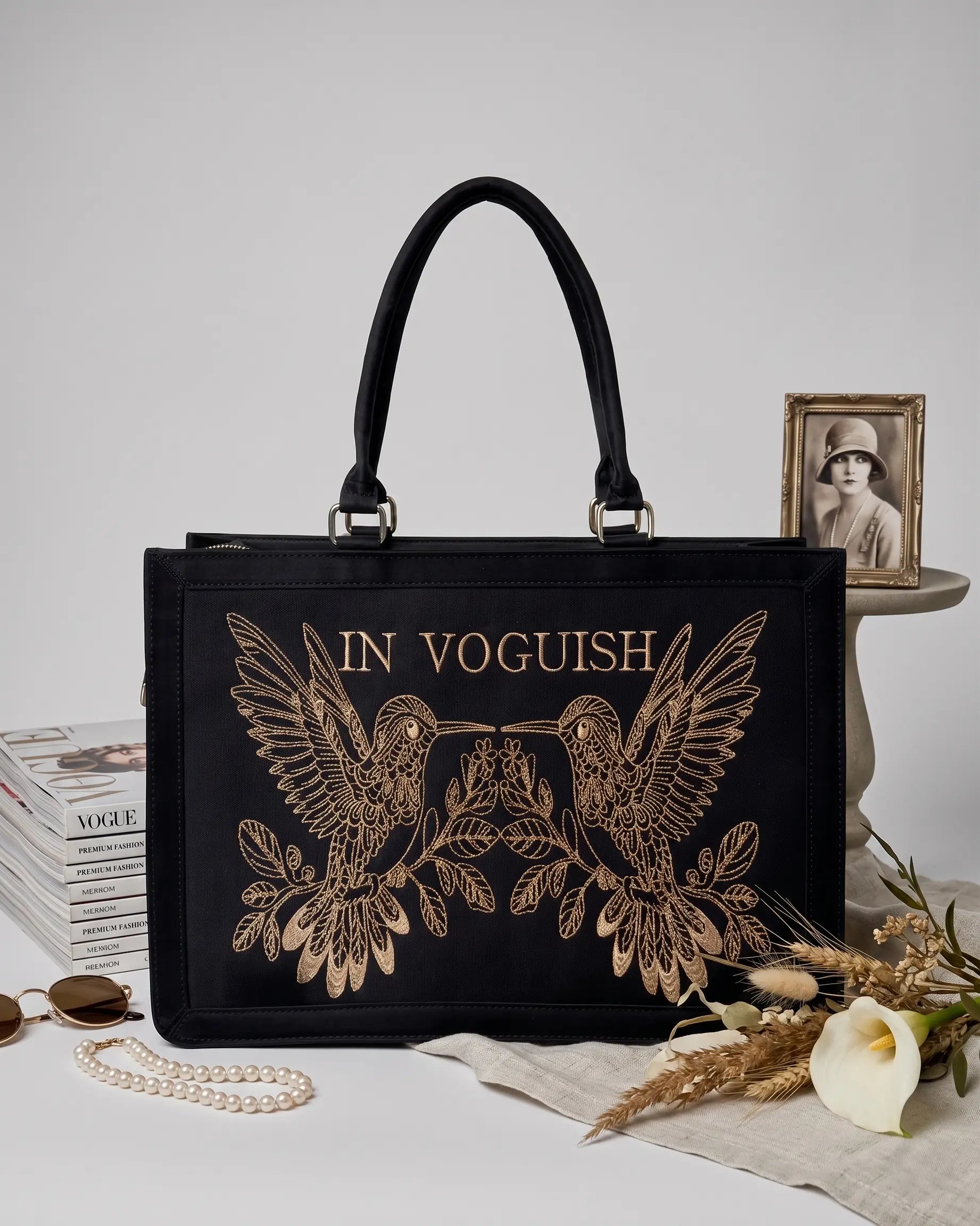 Midnight Hummingbird Personalized Embroidered Tote Bag – Suede Feel Finish with Premium Golden Thread Work