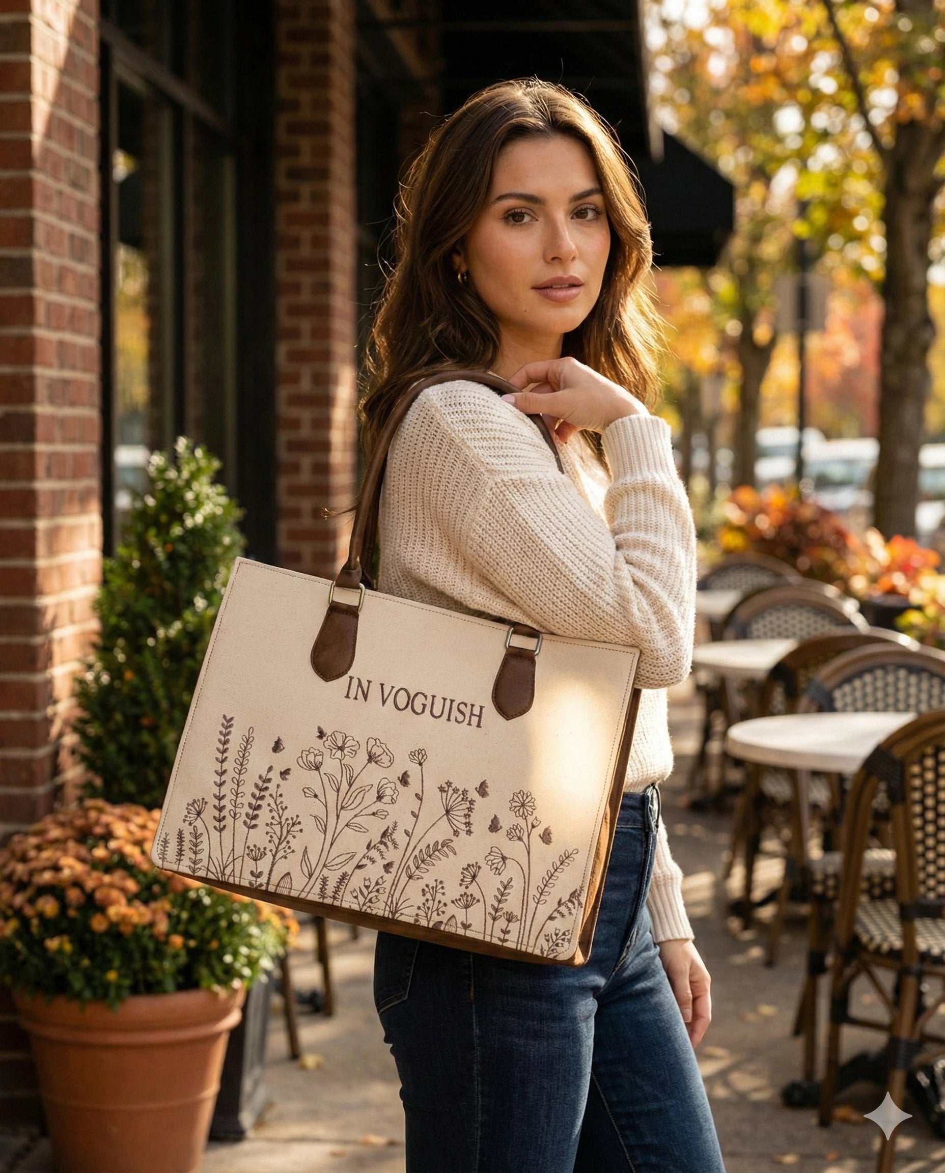 Customized Wild Meadow Embroidered Tote Bag – Brown Suede Edition