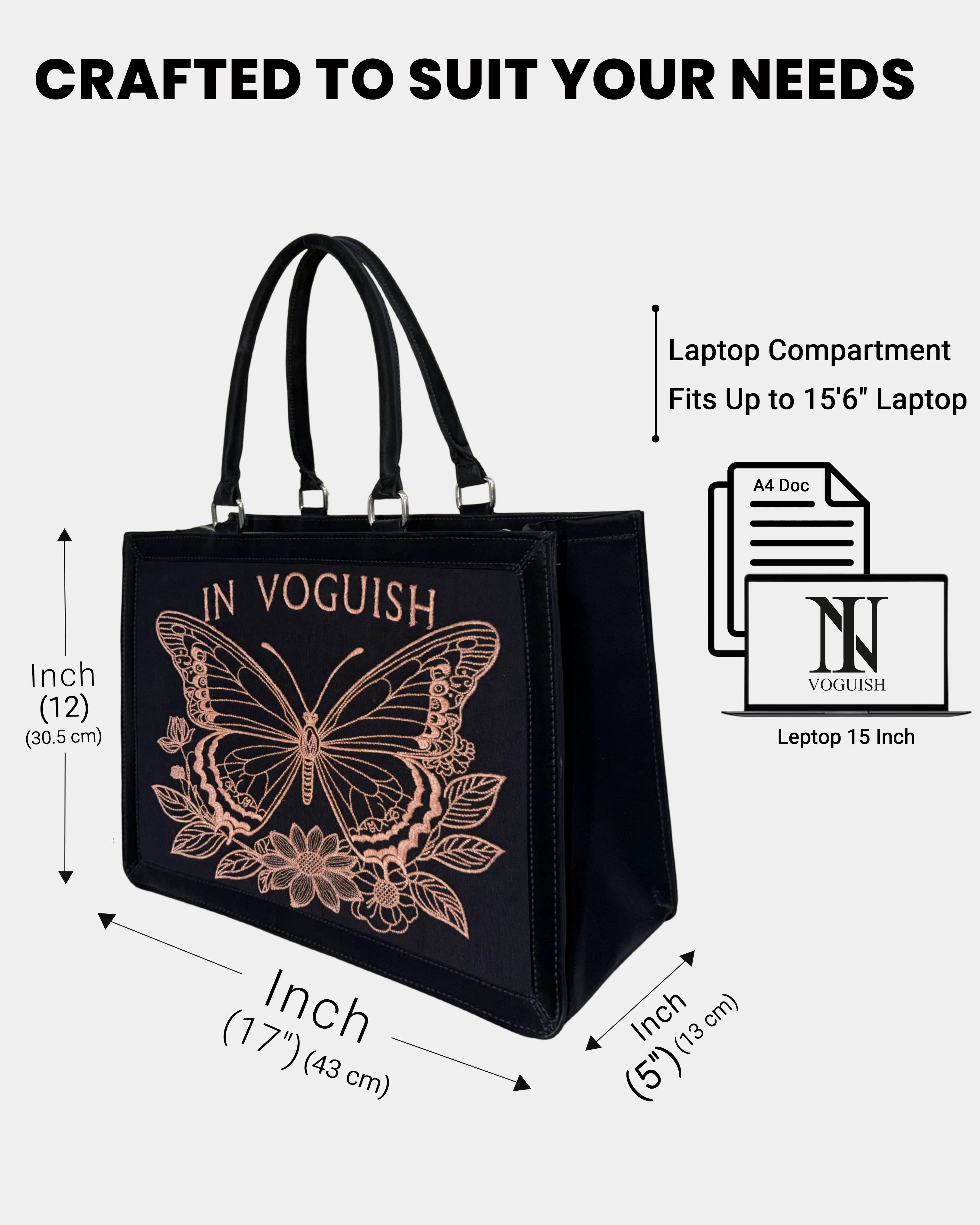 Midnight Butterfly Personalized Embroidered Tote Bag – Suede Feel Finish with Orange Thread Detailing