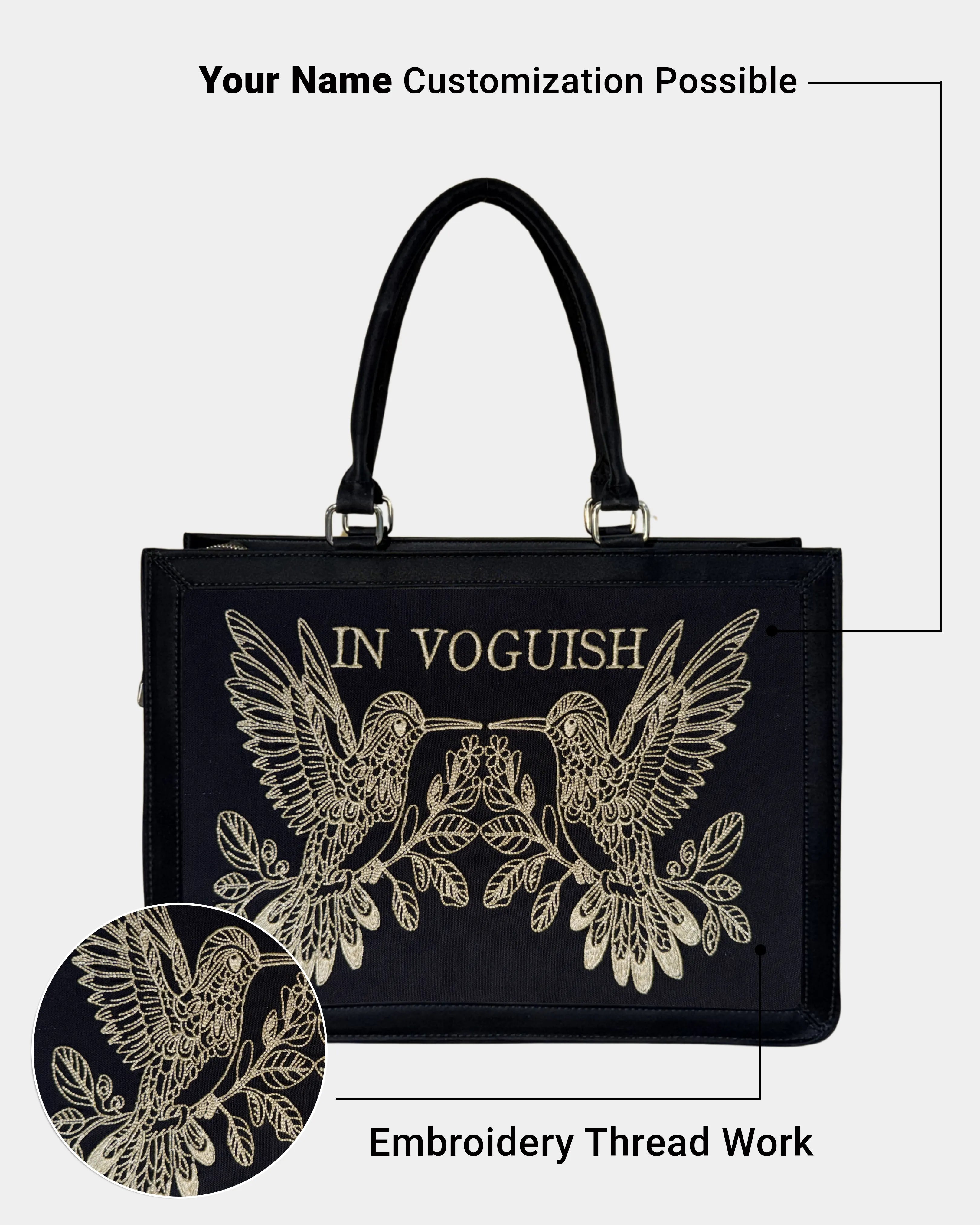Midnight Hummingbird Personalized Embroidered Tote Bag – Suede Feel Finish with Premium Light Beige Thread Work