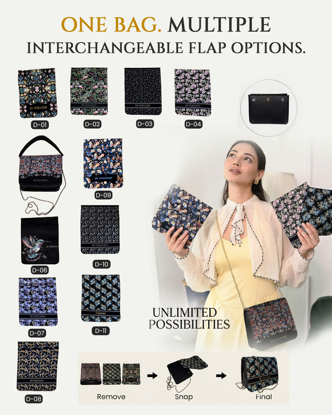 Premium Edition | IN VOGUISH SwitchStyle Customized Sling Bag – Interchangeable Flap | Z Black 3D Embossed Design