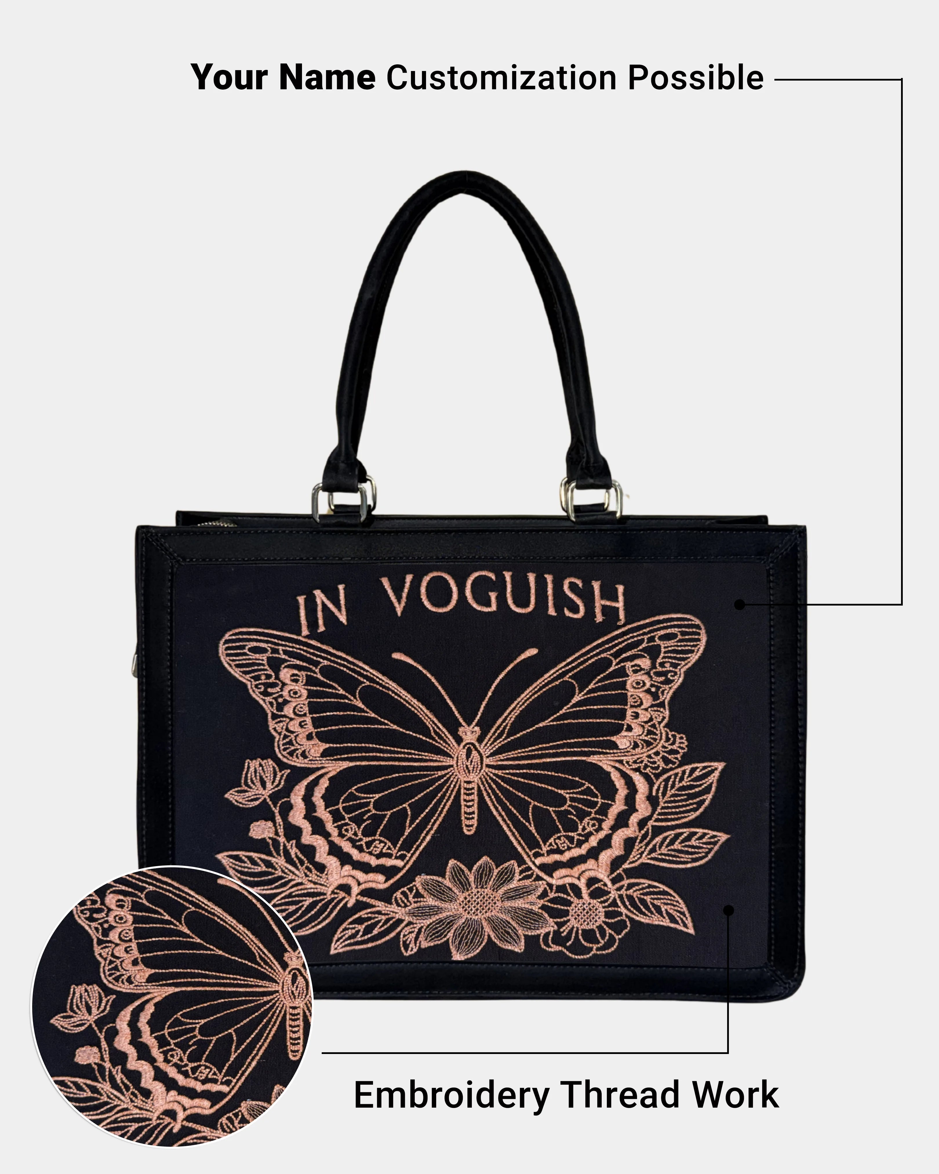Midnight Butterfly Personalized Embroidered Tote Bag – Suede Feel Finish with Orange Thread Detailing