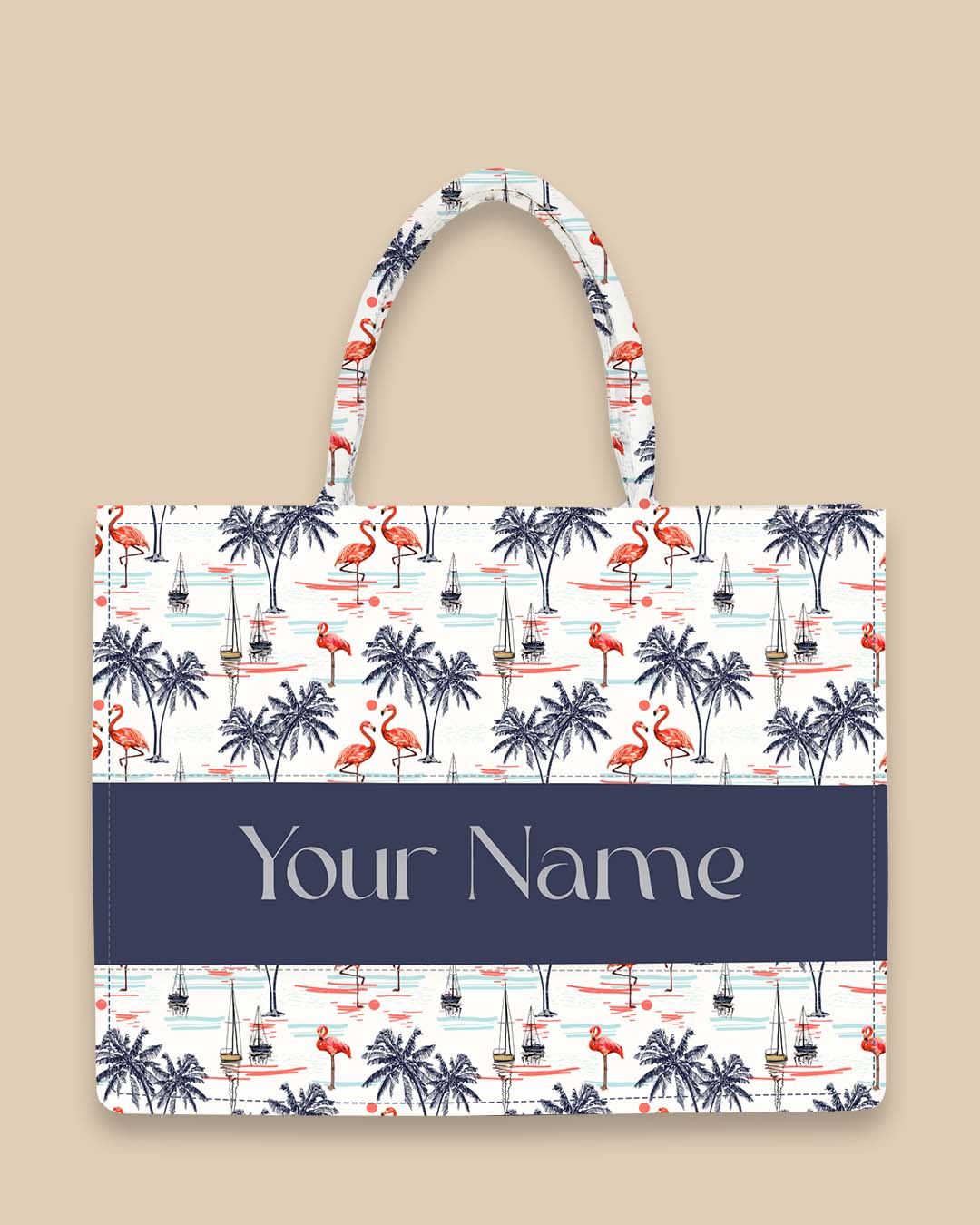 Customized Tote Bag Designed With Coconut Palm Trees Sailboat Silhouettes, Flamingo and Sun