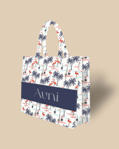 Customized Tote Bag Designed With Coconut Palm Trees Sailboat Silhouettes, Flamingo and Sun