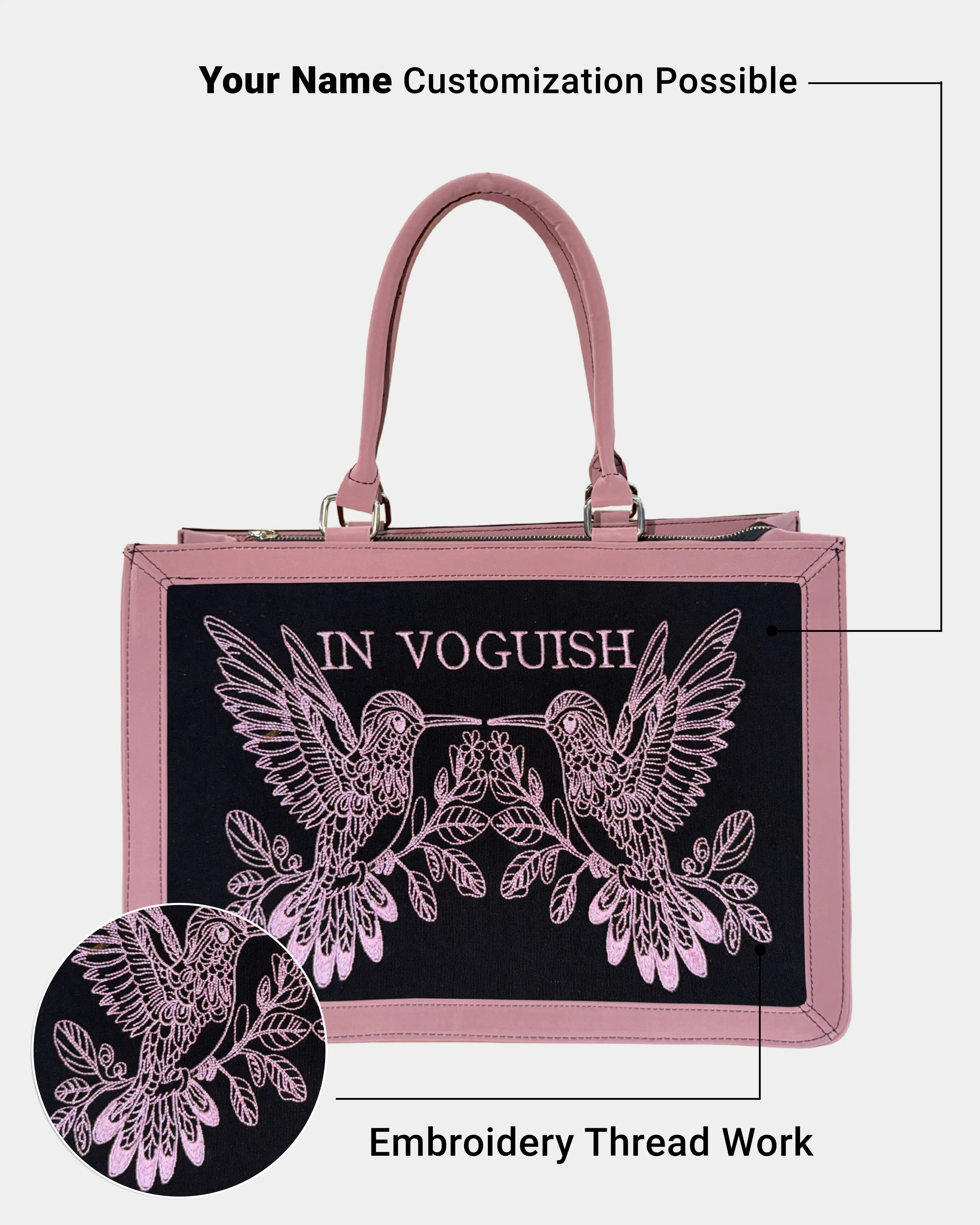 Luxury Pink & Black Hummingbird Customized Embroidered Tote Bag