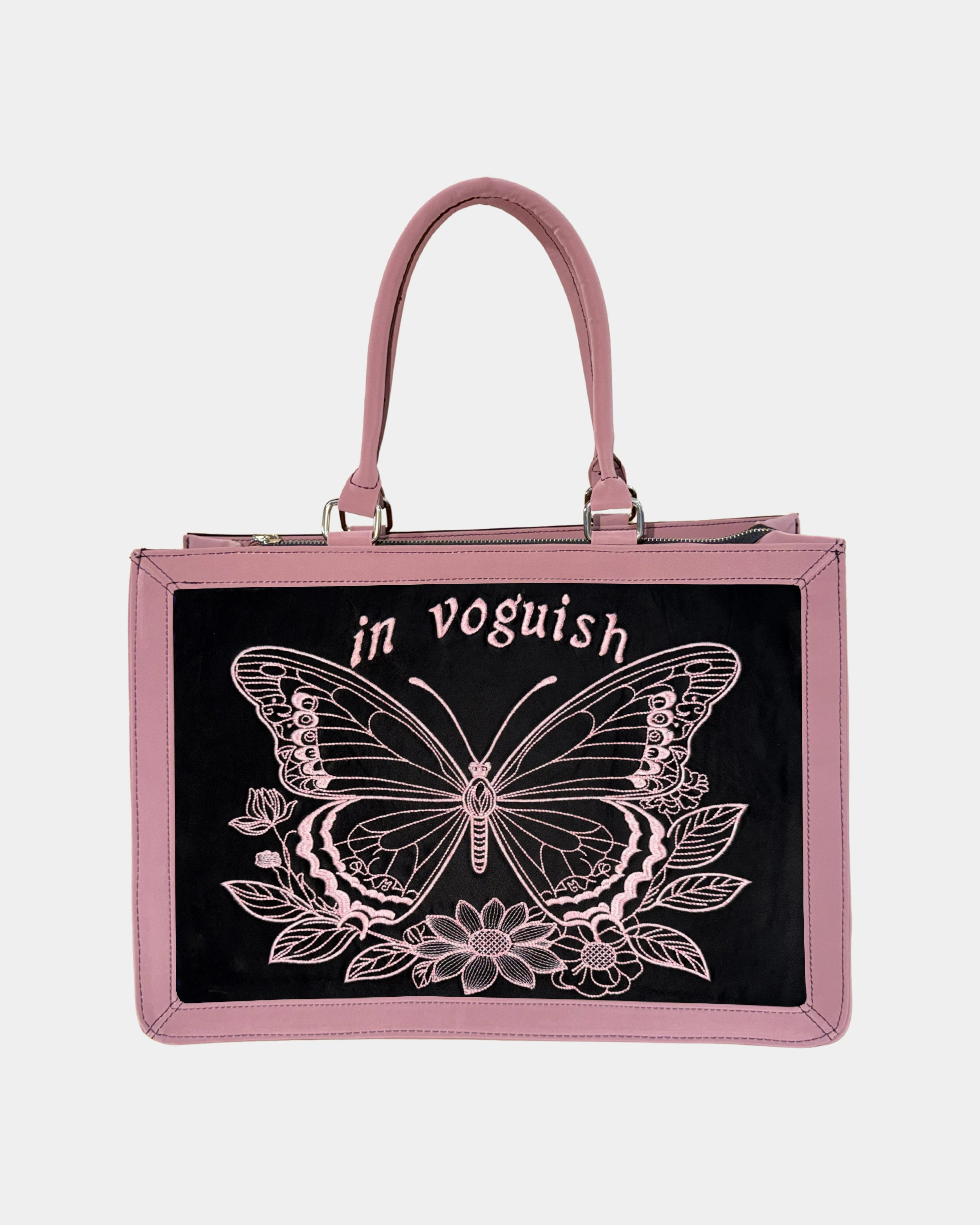 Luxury Pink & Black Butterfly Blush Customized Embroidered Tote Bag