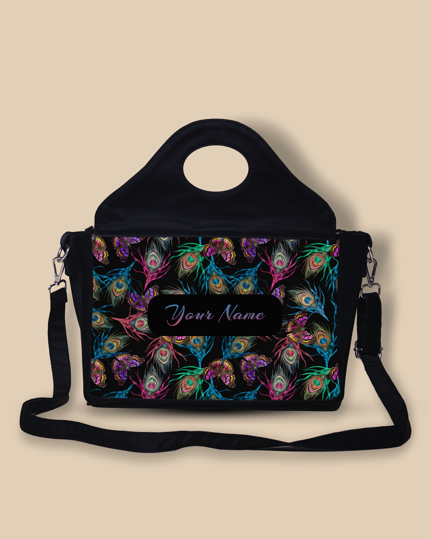 Customized Sling Purse Designed With Colourful Peacock Feather And Flying Butterflies Pattern