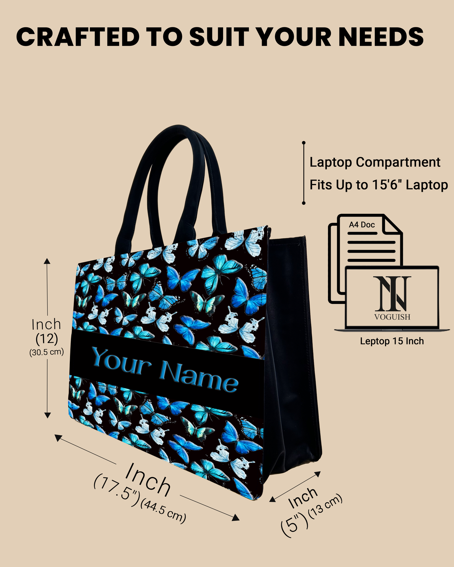 Customized Tote Bag Designed With Blue Flying Butterflies