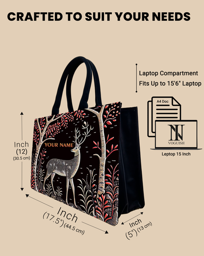 Deer in Jungle Up Embossed Design Leather Personalized Tote Bag