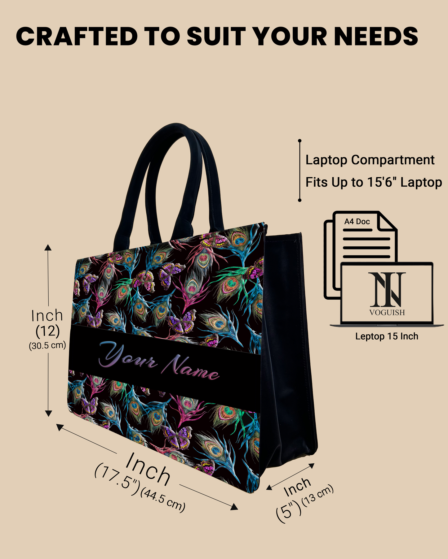 Customized Tote Bag Designed With Colourful Peacock Feather And Flying Butterflies Pattern