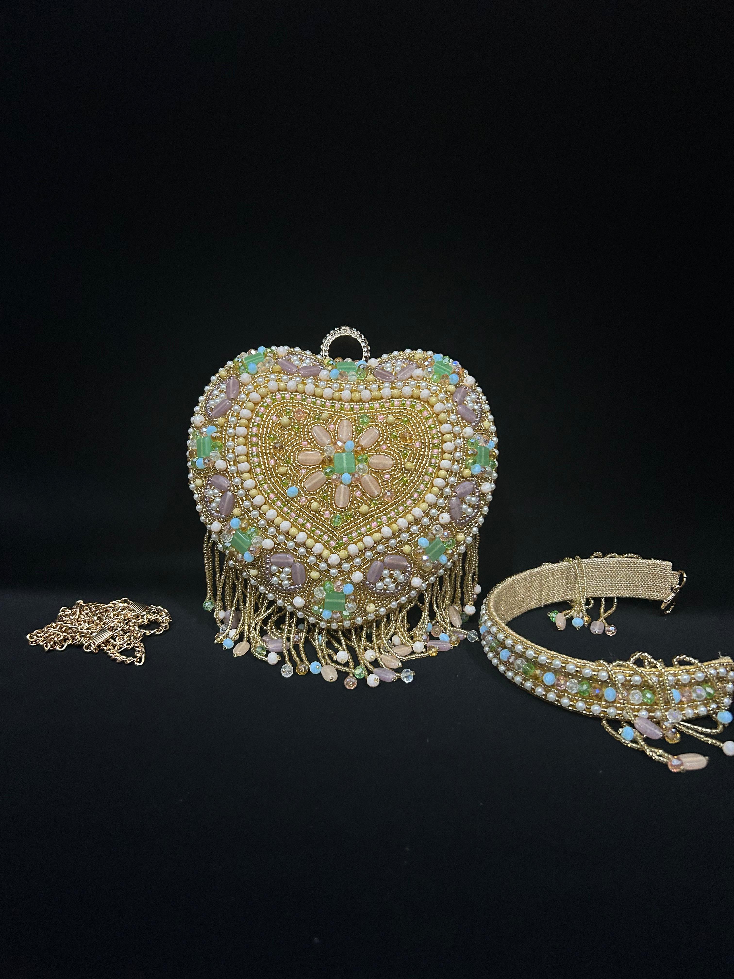 Pastel Heart Jewel Beaded Handbag with Tassels