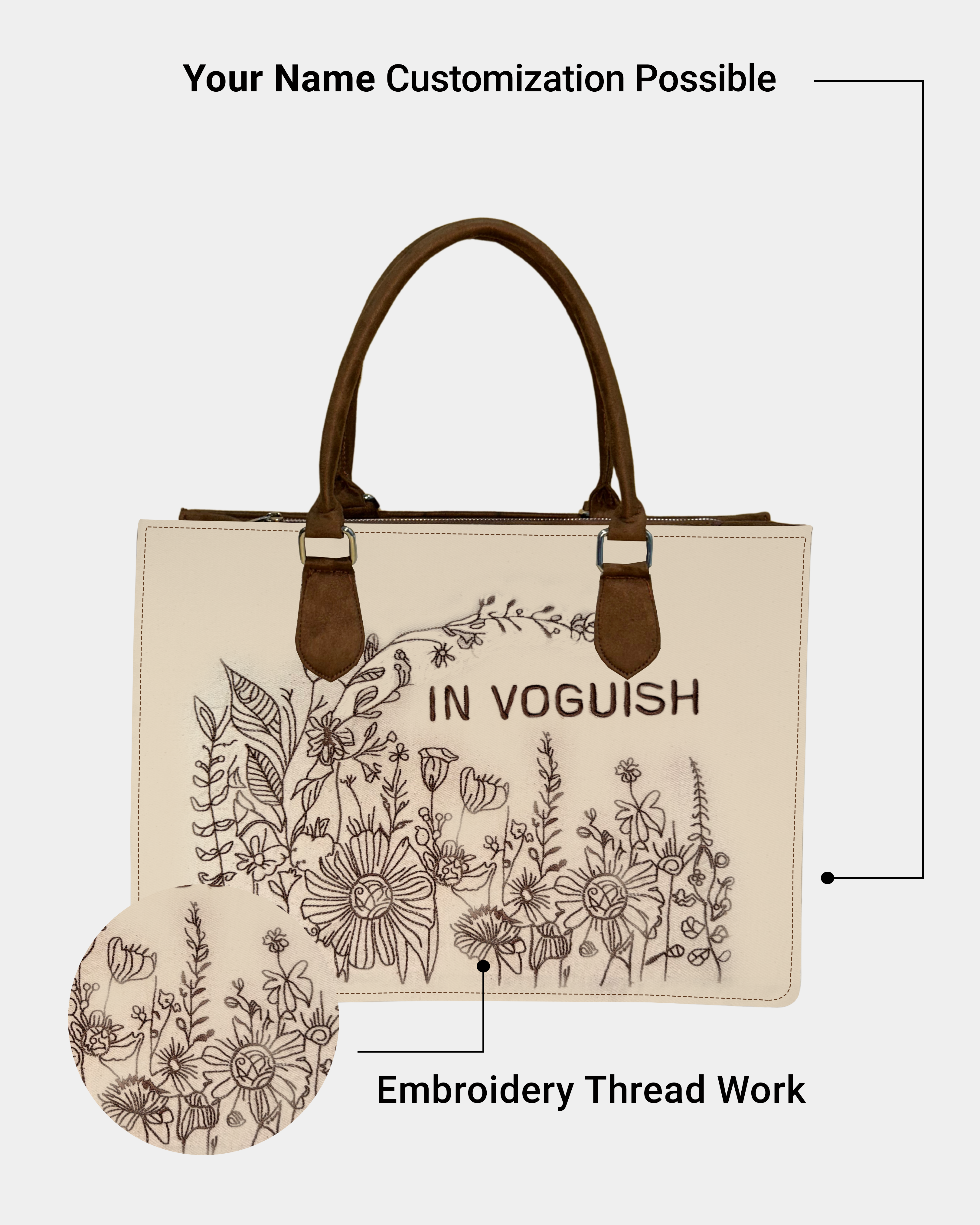 Customized Floral Art Canvas Tote Bag – Brown Suede Edition