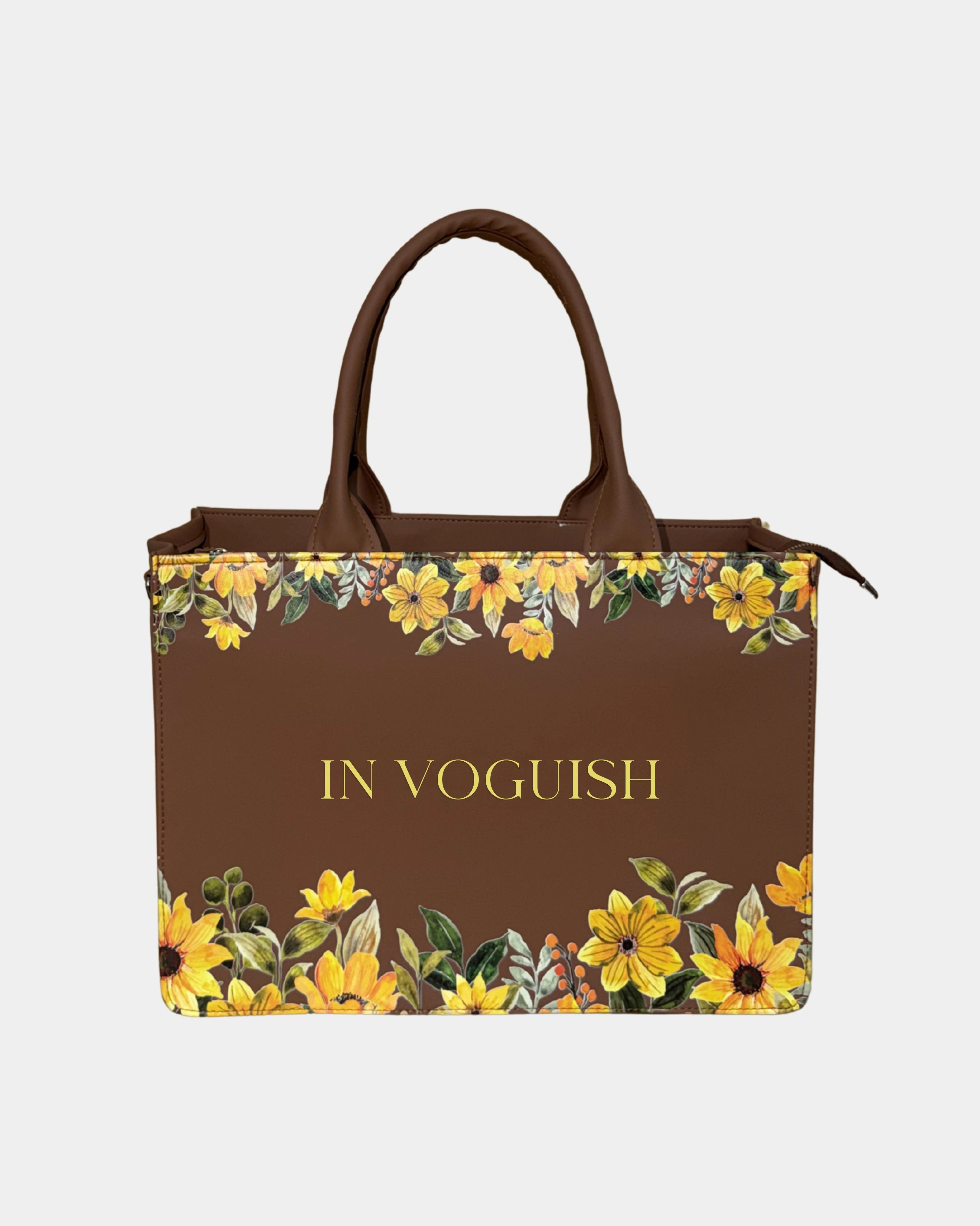 Brown Yellow Floral Embossed Artwork Customized Tote Bag for Women