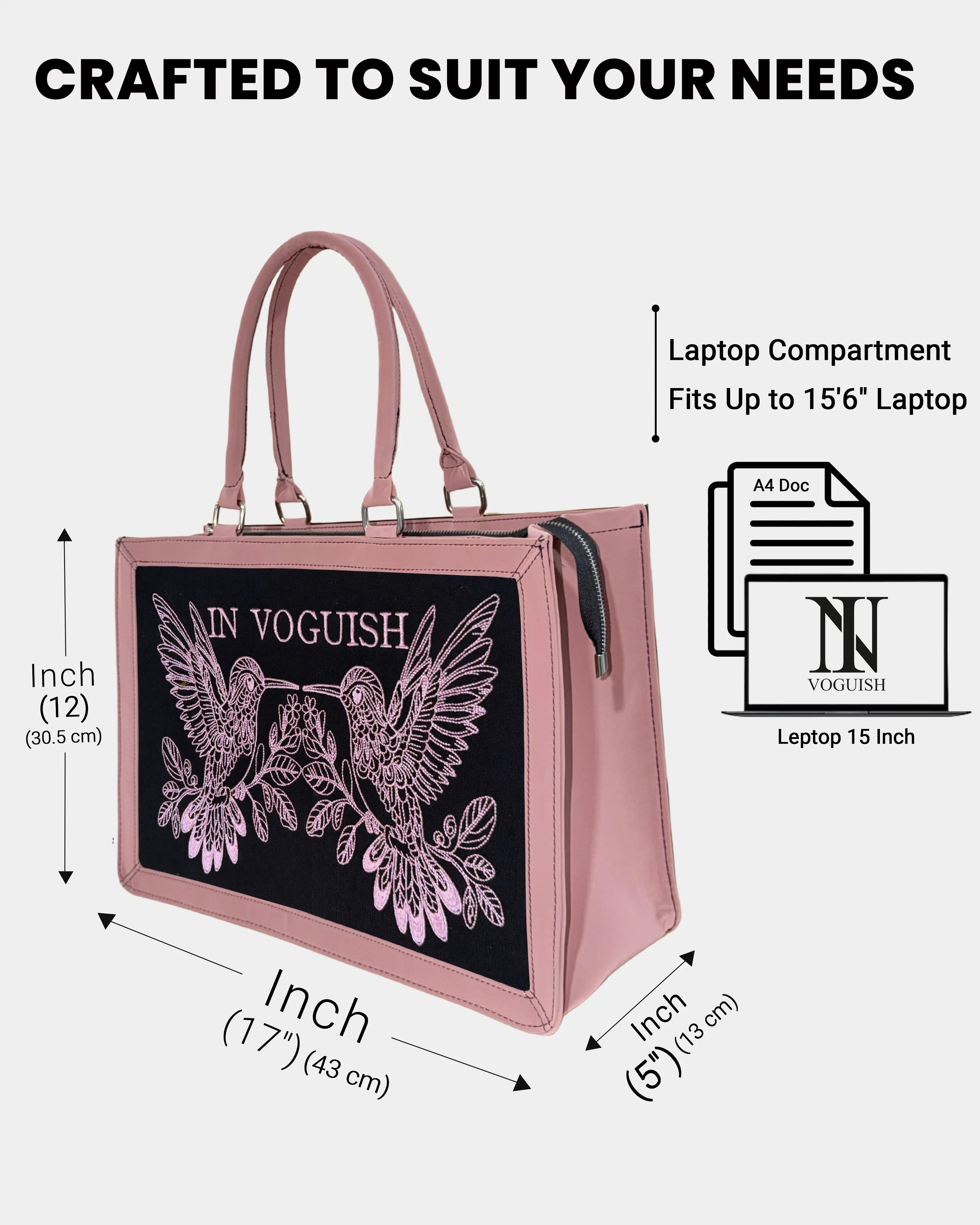 Luxury Pink & Black Hummingbird Customized Embroidered Tote Bag