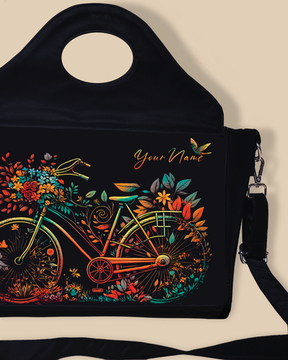Customized Sling Purse Designed With Growing Nature On Colourfull Bicycle