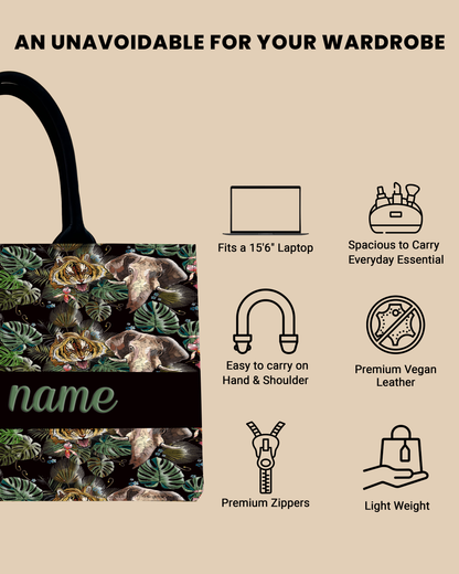 Customized Tote Bag Designed with Palm Leaves, Tiger And Elephant