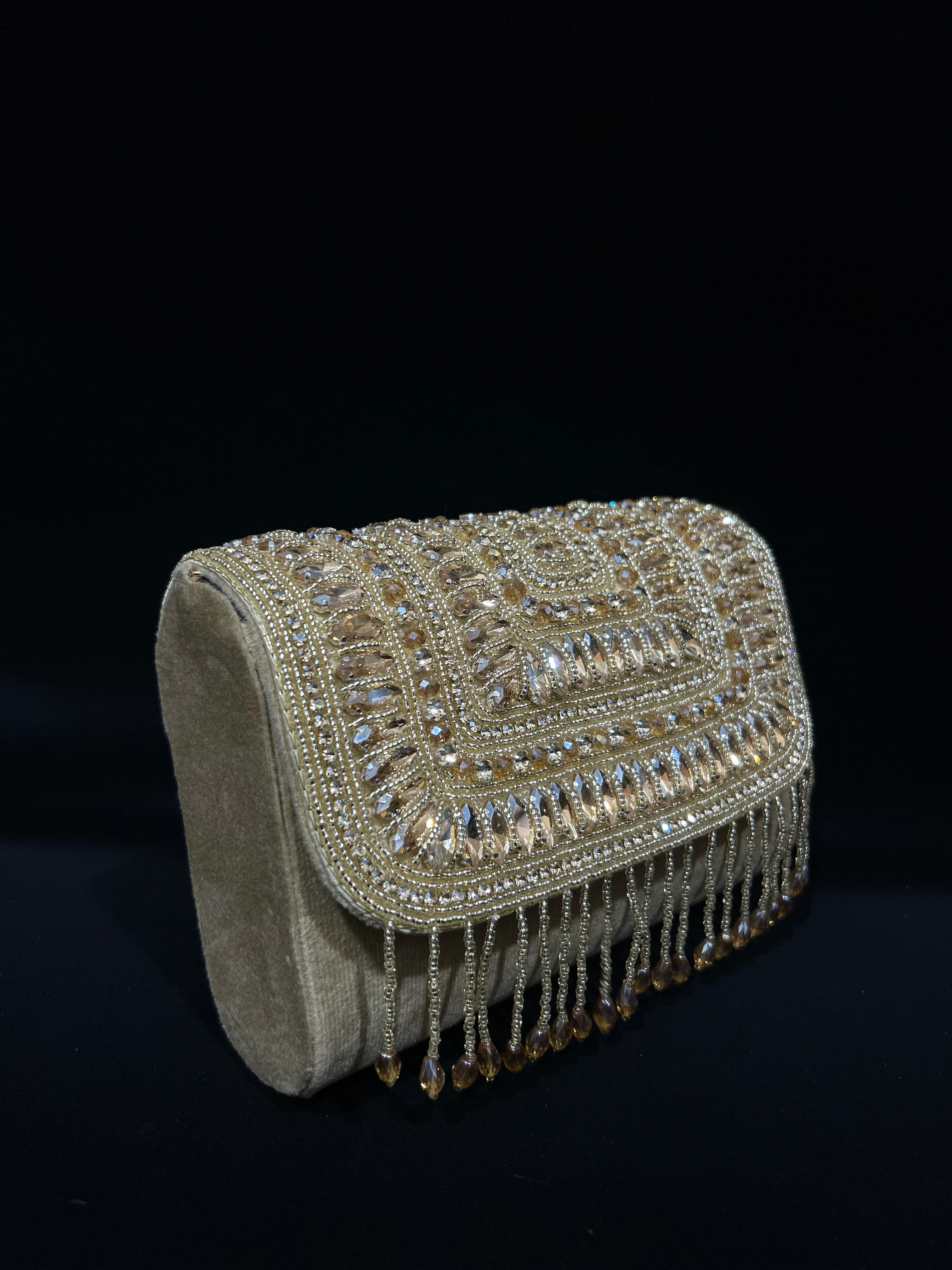 Amber Royale Embellished Velvet Fringe Clutch