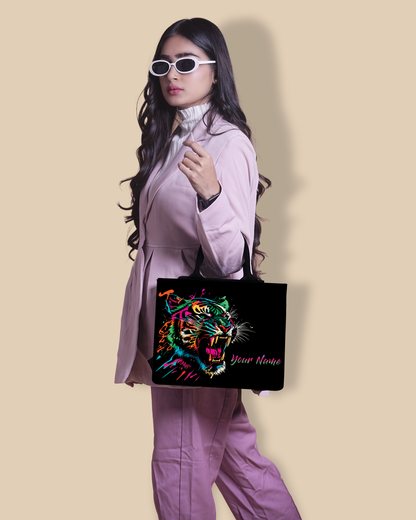 Customized small Tote Bag Designed With Colourfull Roaring Bangal Tiger