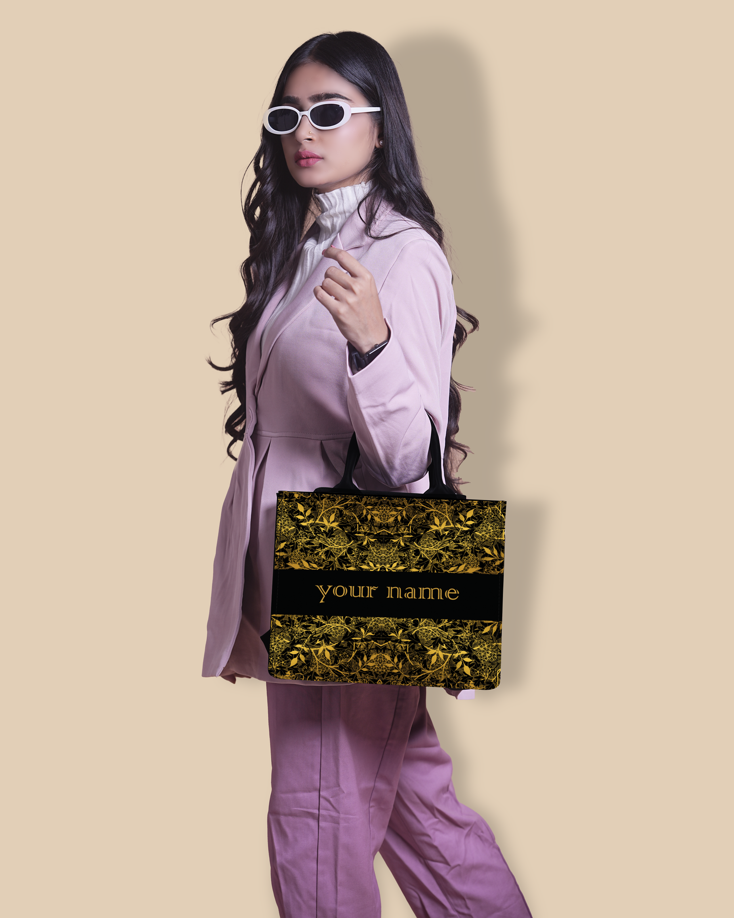 Customized small Tote Bag Designed with Graceful Golden Floral