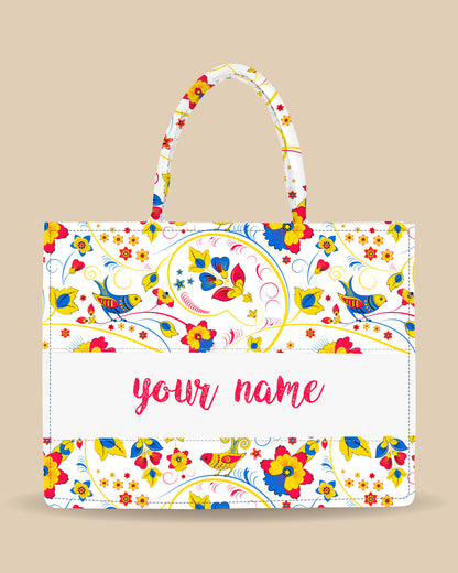 Customized Tote Bag Designed with Sparrow, Leaves And Colorful Hibiscus Flowers